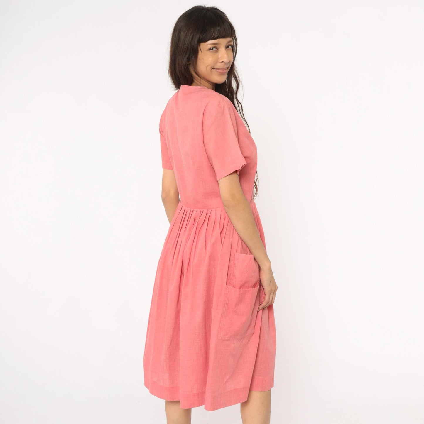 70s Coral Pink Cotton Day Dress Button Front Gathered Skirt Pockets Medium Large