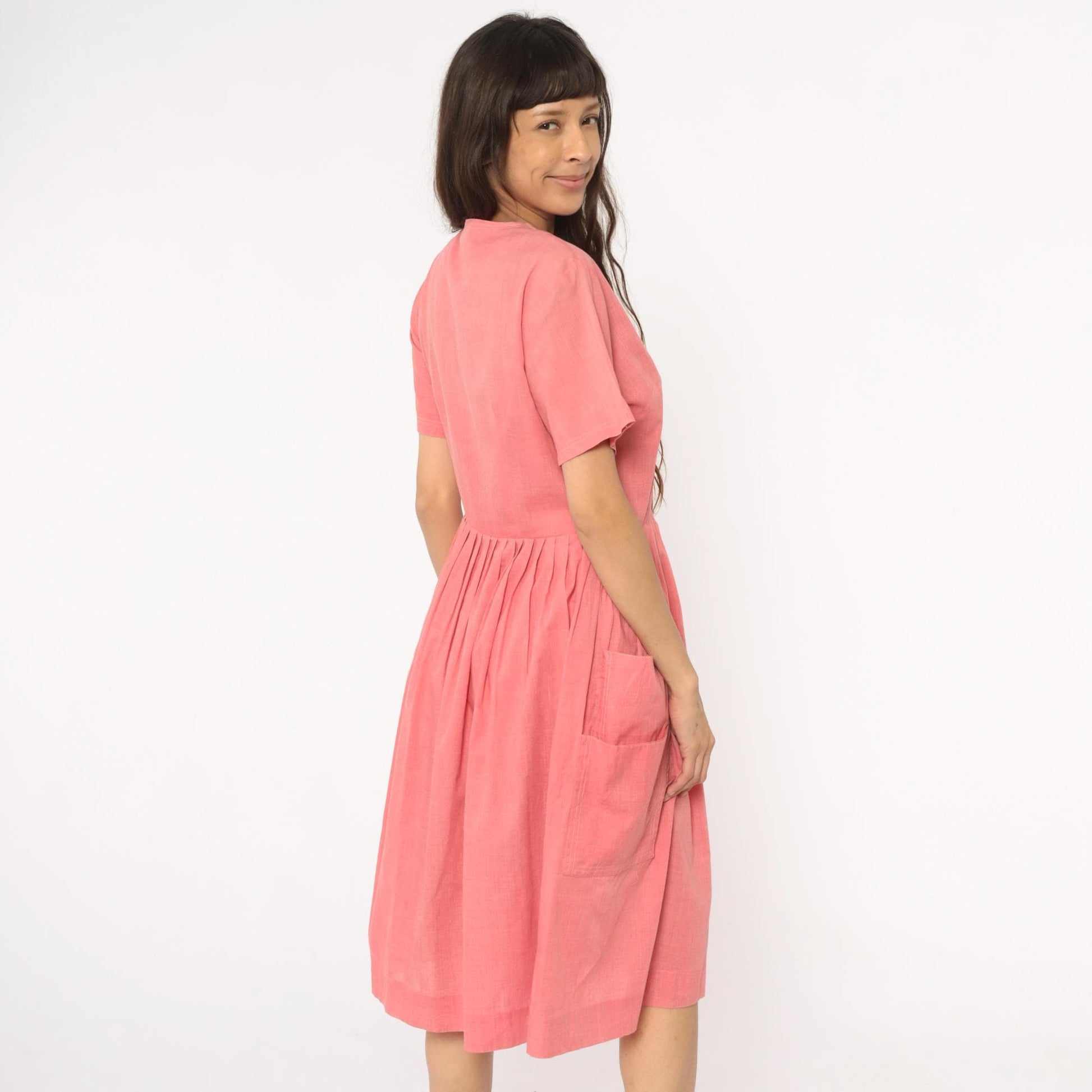 70s Coral Pink Cotton Day Dress Button Front Gathered Skirt Pockets Medium Large