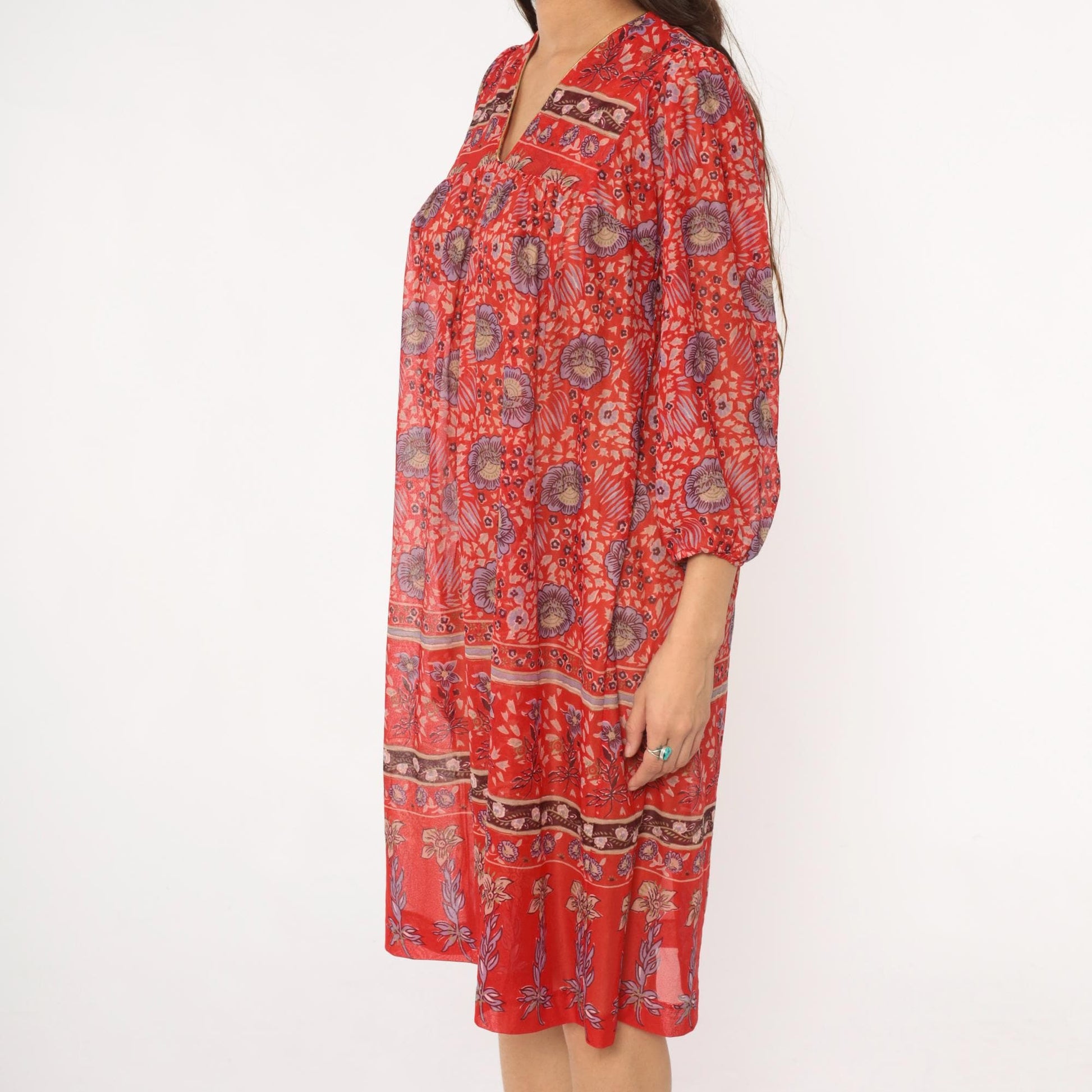 70s Floral Shift Dress Red Coral V-Neck Knee Length Three-Quarter Sleeve Medium Large