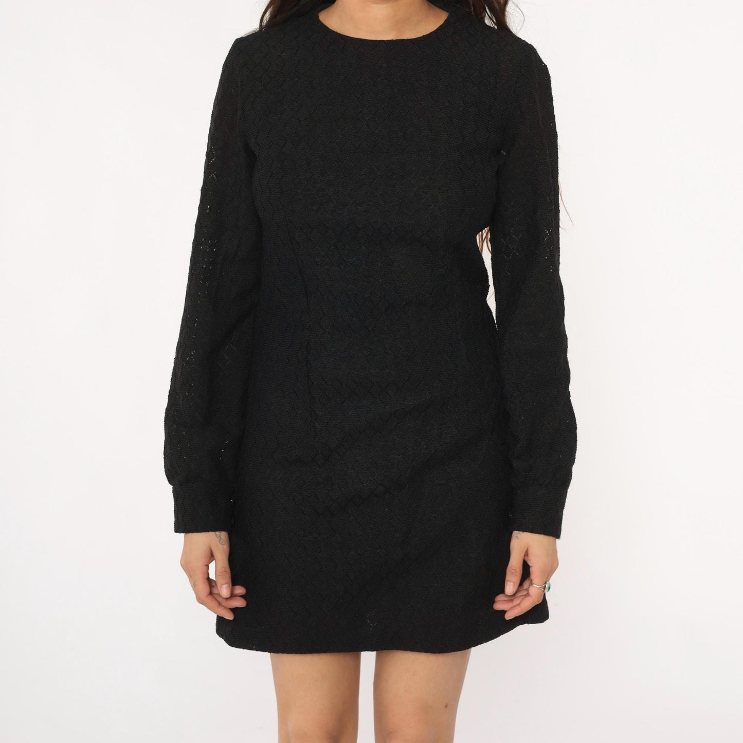 60s Black Mini Dress Diamond Quilted Long Sleeve Crew Neck Small