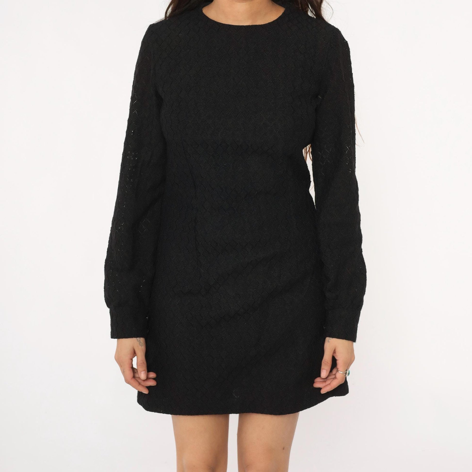 60s Black Mini Dress Diamond Quilted Long Sleeve Crew Neck Small