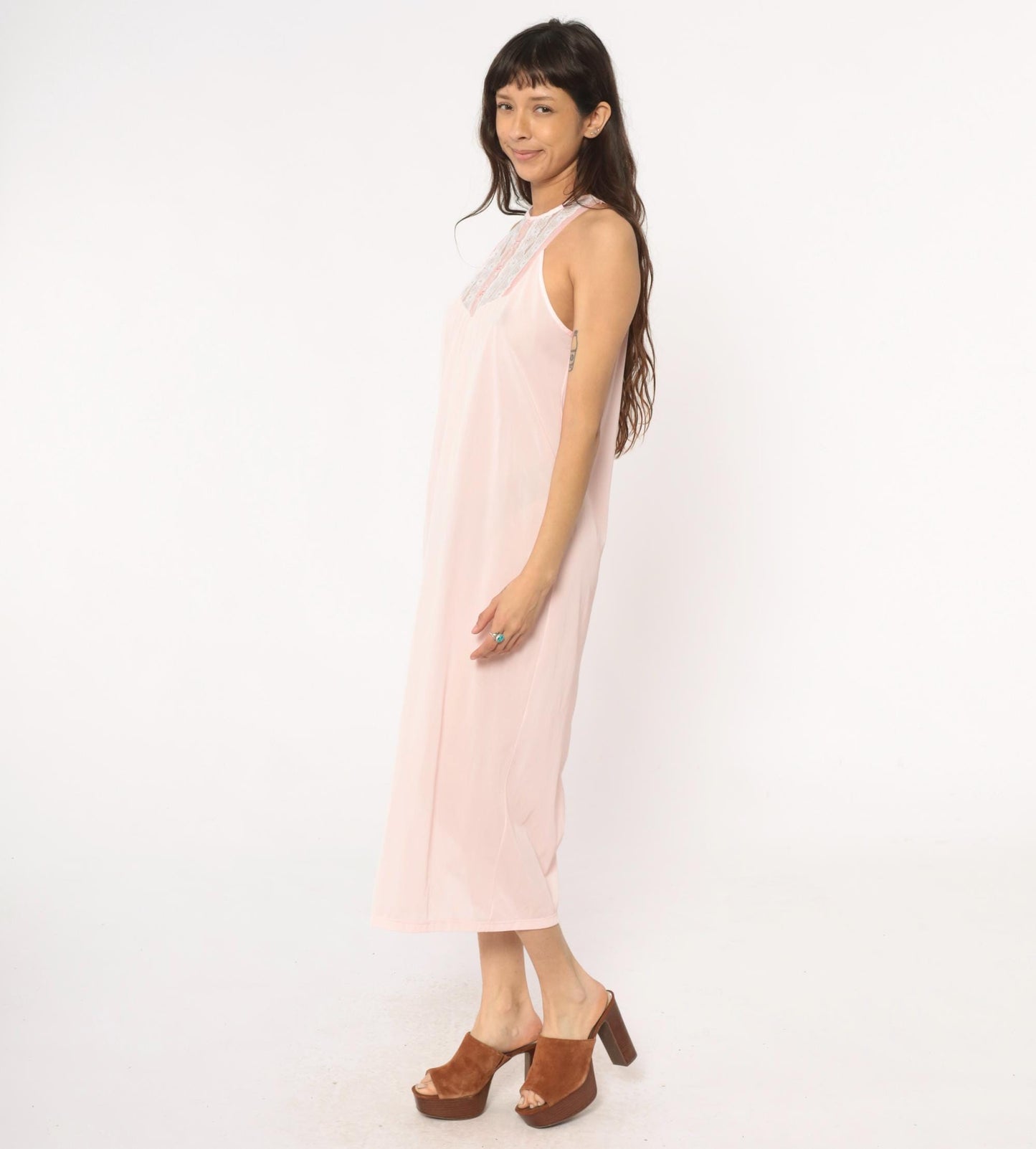 80s Pink Halter Maxi Nightgown Lace Floral Embroidered Empire Waist Medium
