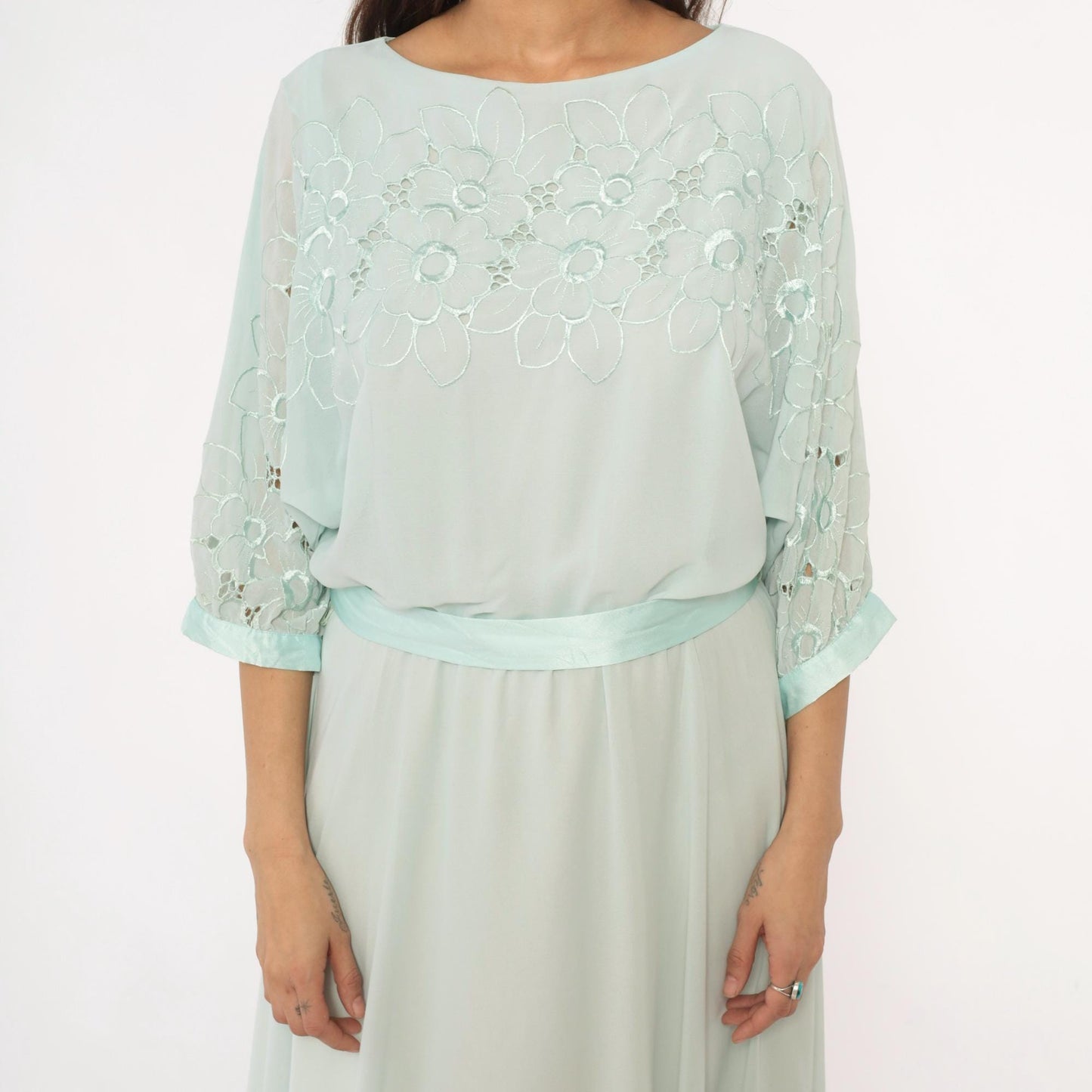80s Ursula Mint Green Midi Dress Embroidered Floral Cutwork Sheer Large