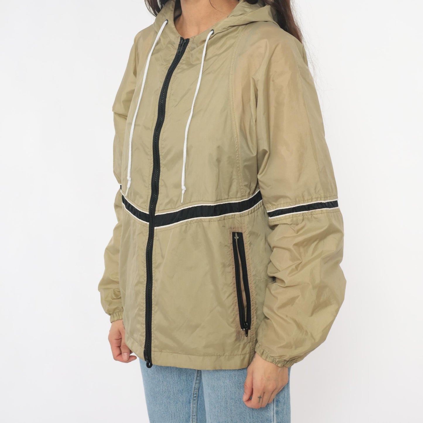 90s Tan Windbreaker Jacket Hooded Striped Black White Nylon Small