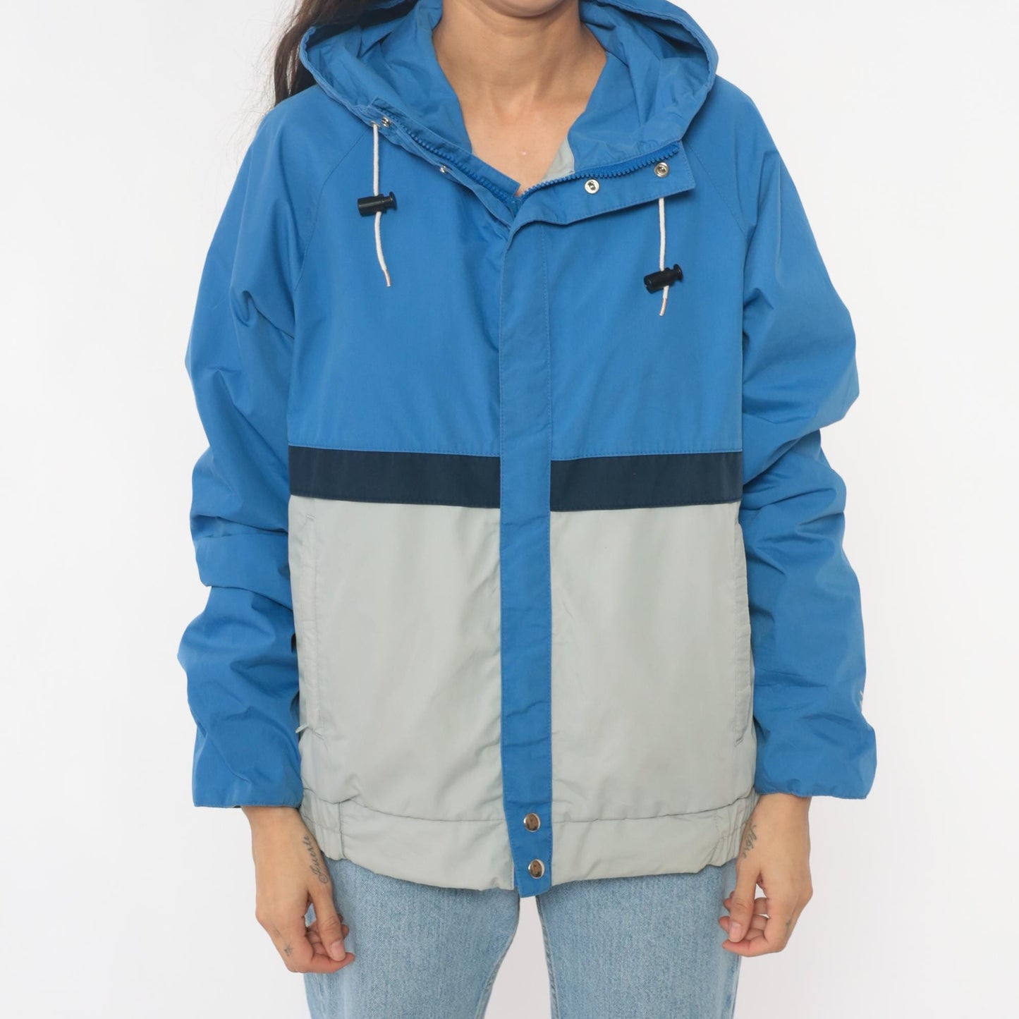 90s Nils Colorblock Hooded Windbreaker Jacket Blue Navy Cream Medium