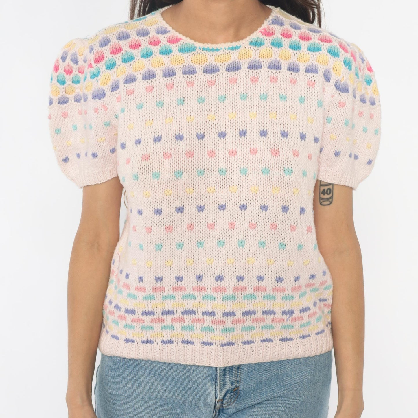 80s Deans of Scotland Puff Sleeve Knit Top Cream Polka Dot Small
