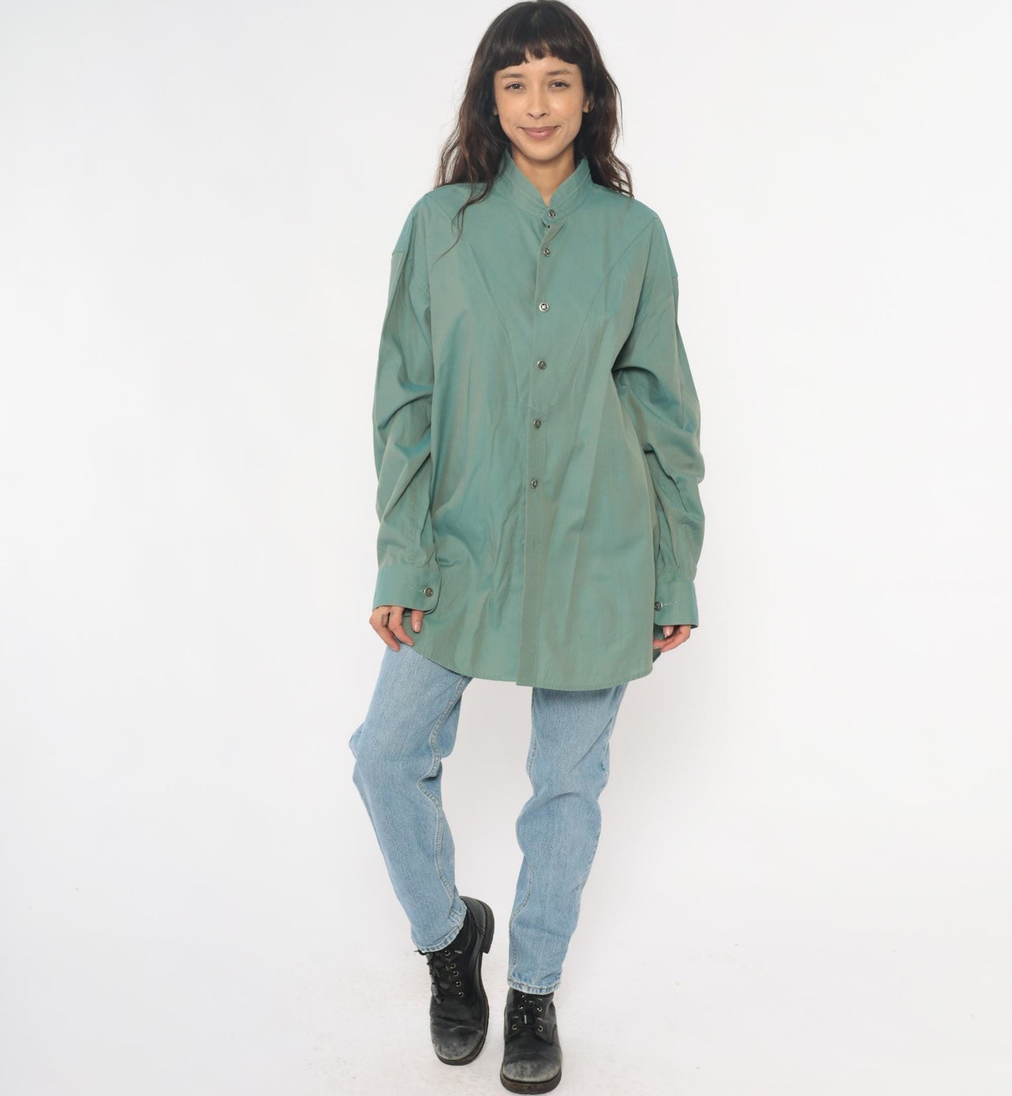 90s Stubbs Sage Green Western Shirt Mandarin Collar Button Front Extra Large XL