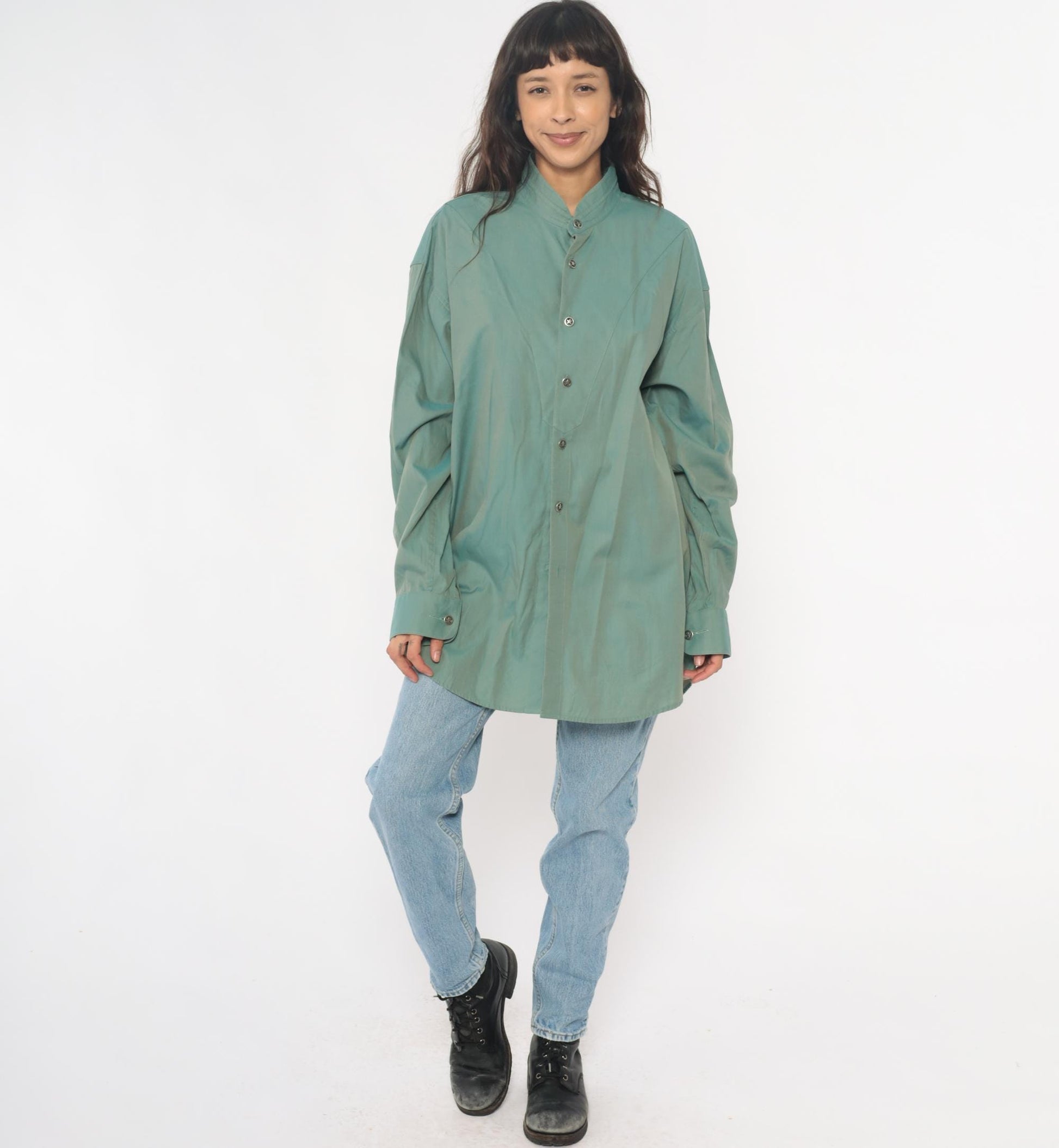 90s Stubbs Sage Green Western Shirt Mandarin Collar Button Front Extra Large XL