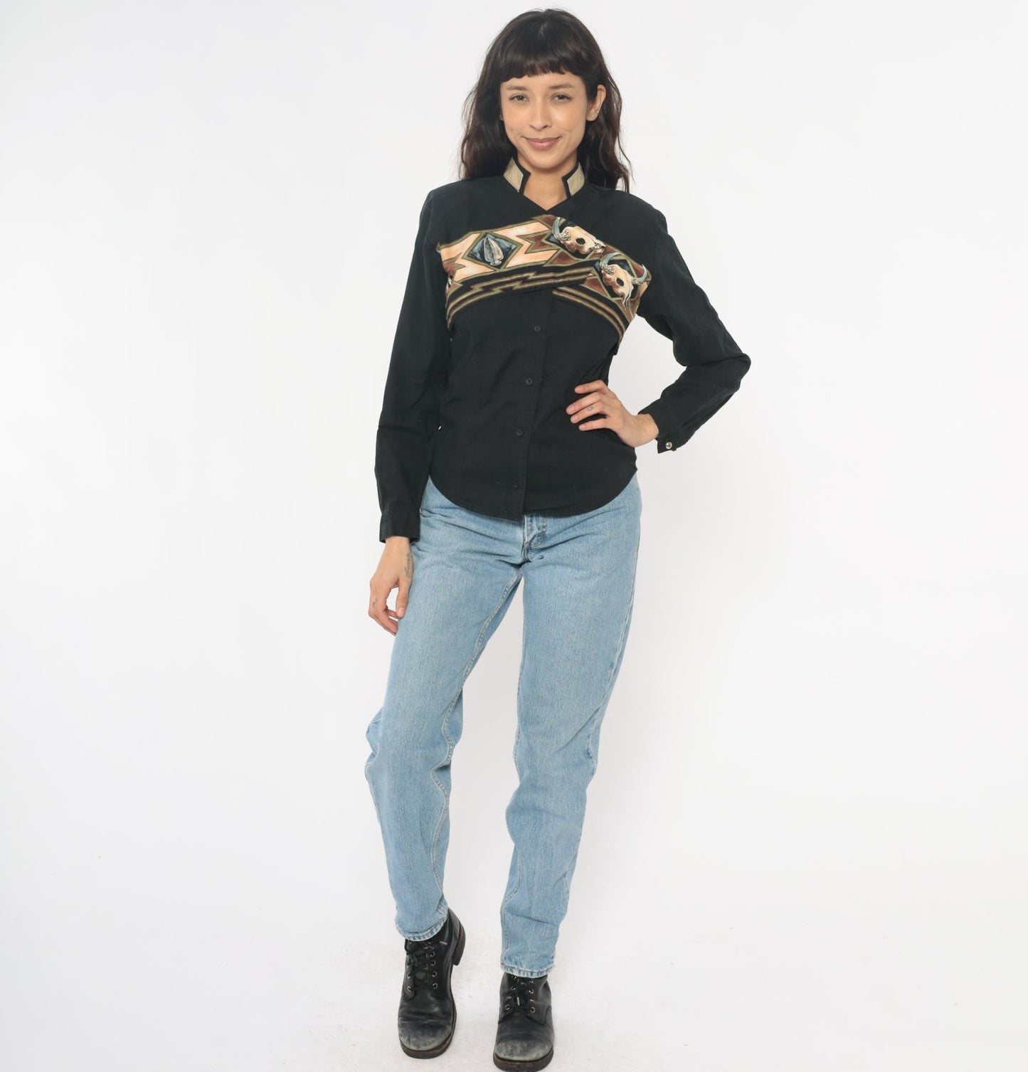 90s Roper Black Western Shirt Buffalo Skull Southwestern Appliqué Small