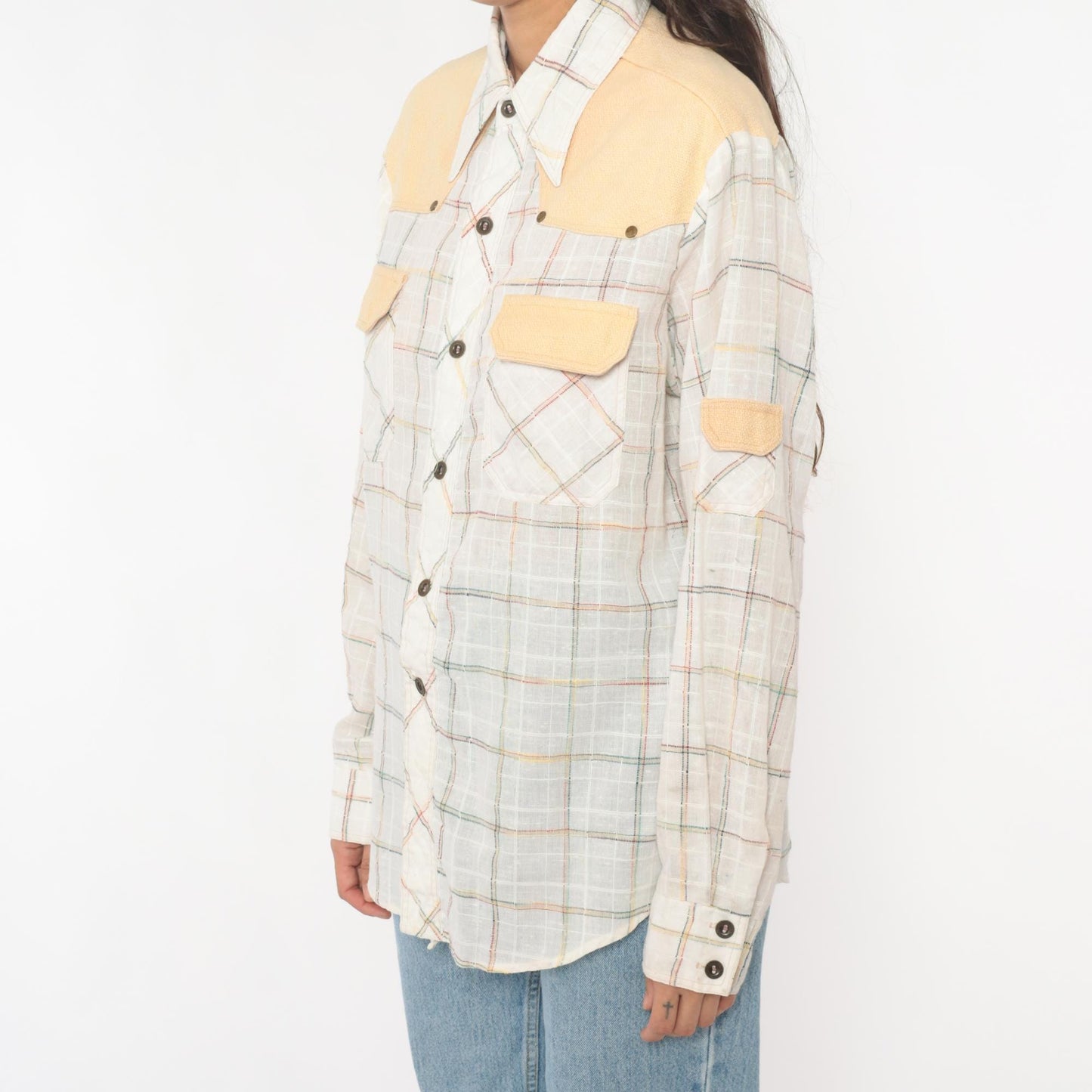 70s Kennington Western Shirt Plaid Cream Peach Yoke Button Front Medium