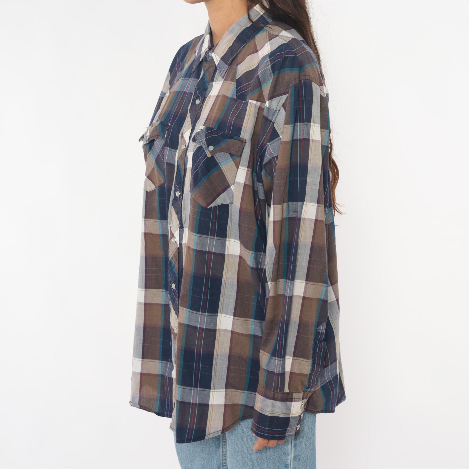 90s Youngbloods Western Shirt Pearl Snap Plaid Navy Brown Extra Large XL