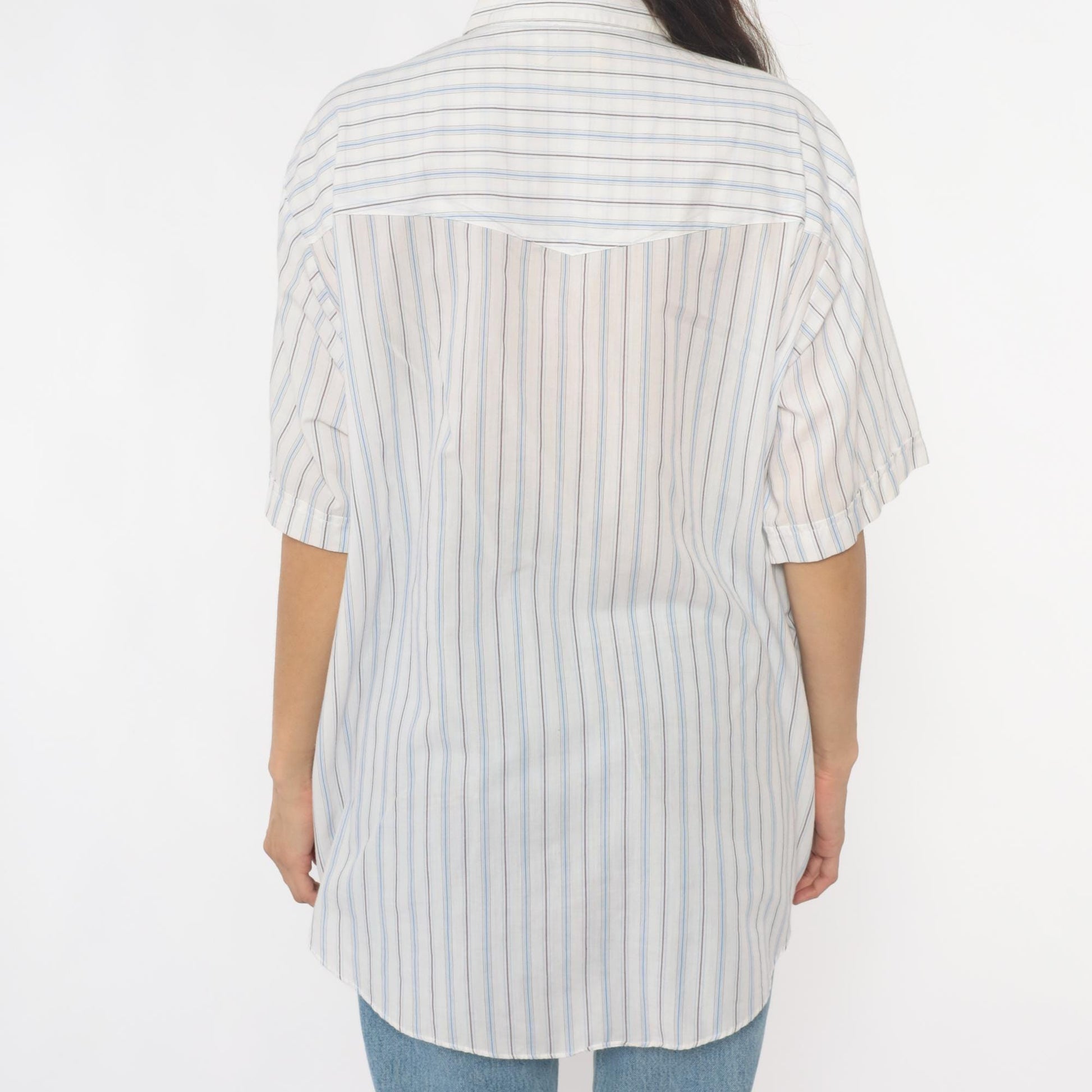 90s Ely Cattleman Western Striped Snap Shirt Cream Blue Tan Extra Large XL