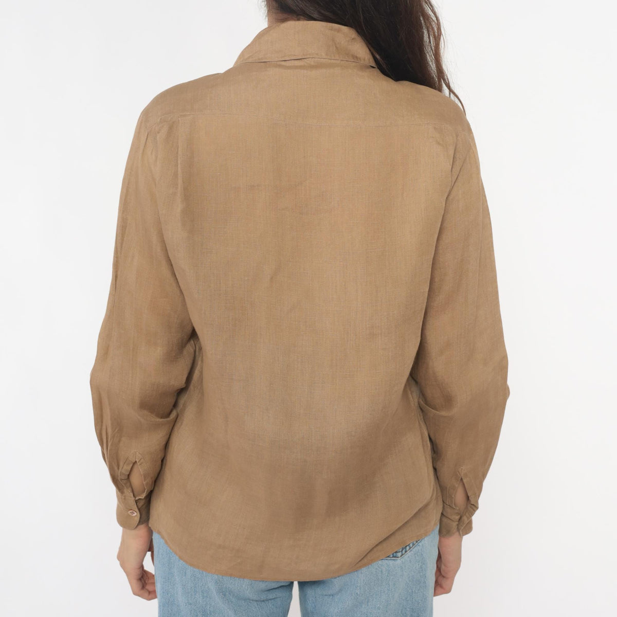 Calvin Klein 80s Tan Button-Up Shirt Pointed Collar Chest Pockets Small