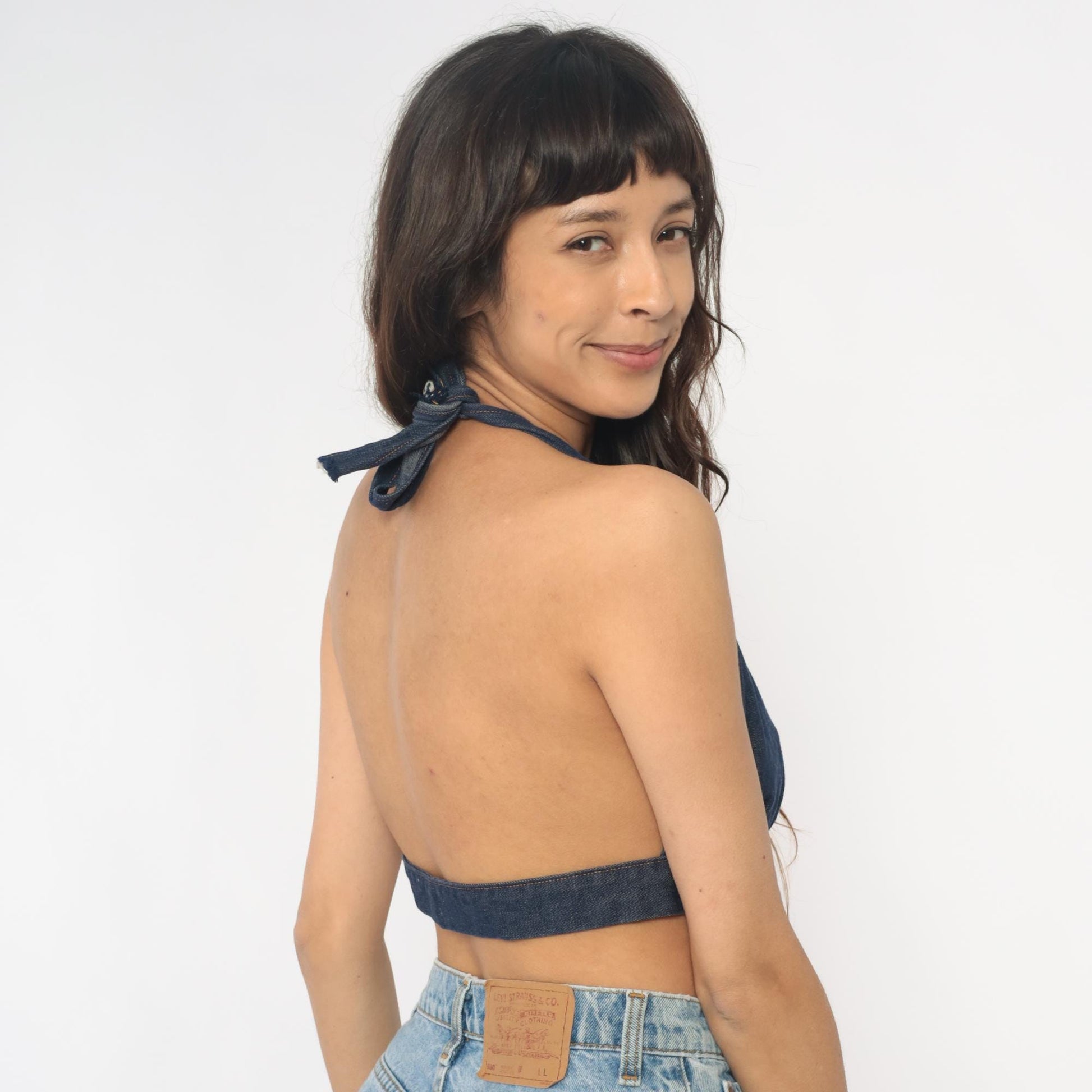 90s Dark Denim Halter Crop Top Tie Neck Open Back Small Medium
