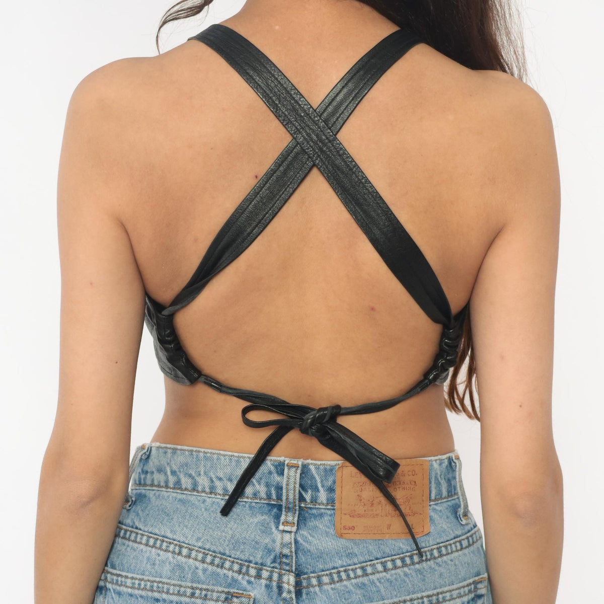 80s Black Leather Halter Crop Top Tie Back V-Neck Small Medium