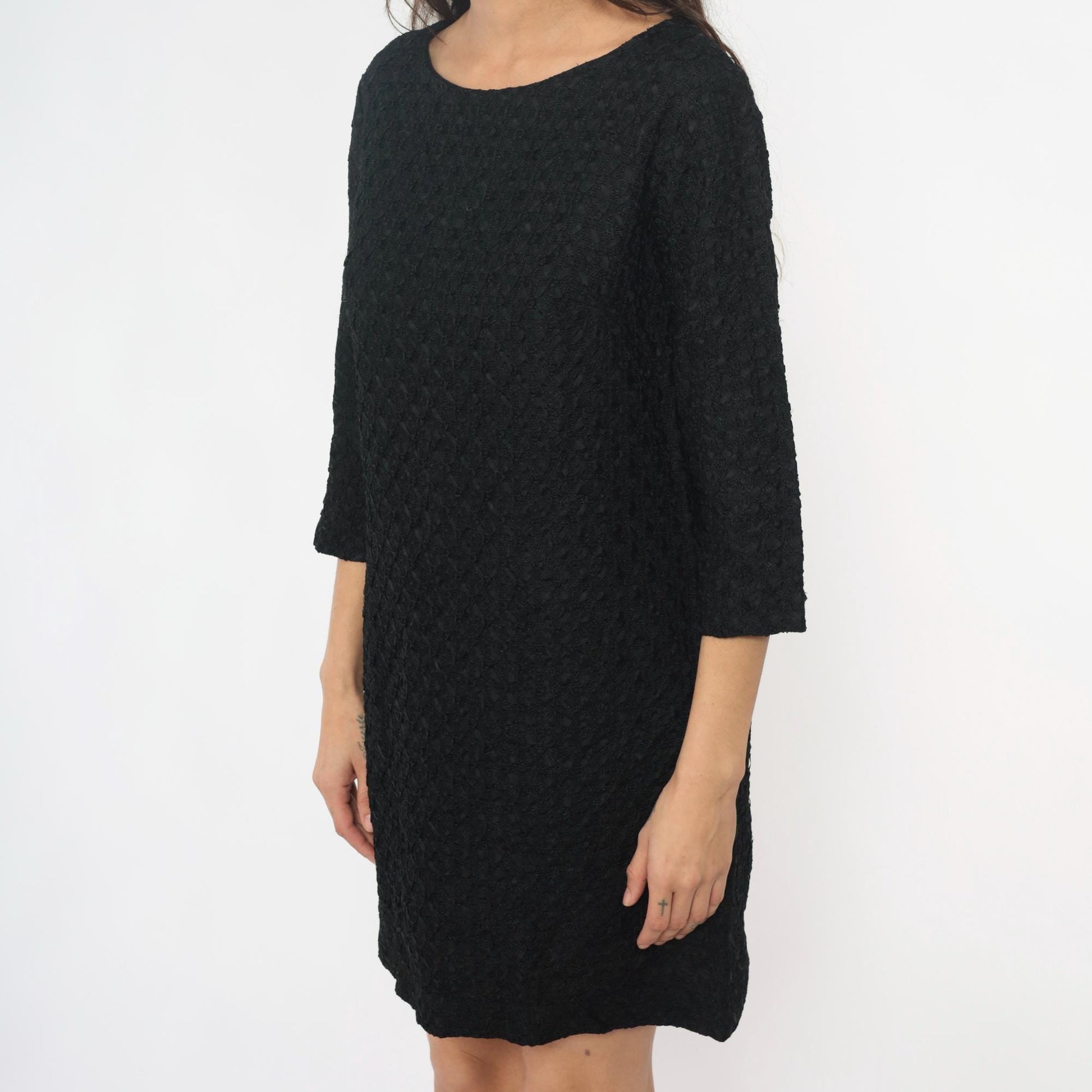 60s Black Shift Dress Boucle Boat Neckline Three-Quarter Sleeve Medium M