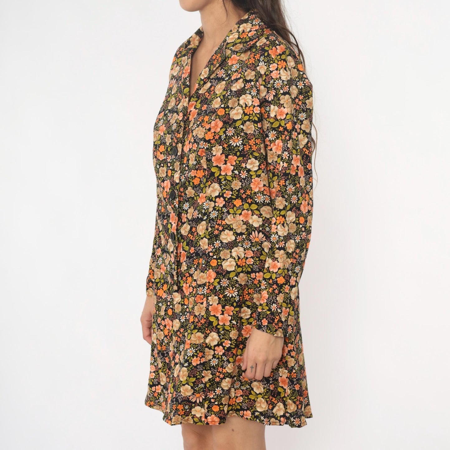 80s Laurel C Floral Shirt Dress Cotton Collared Mini Dark Botanical Large L