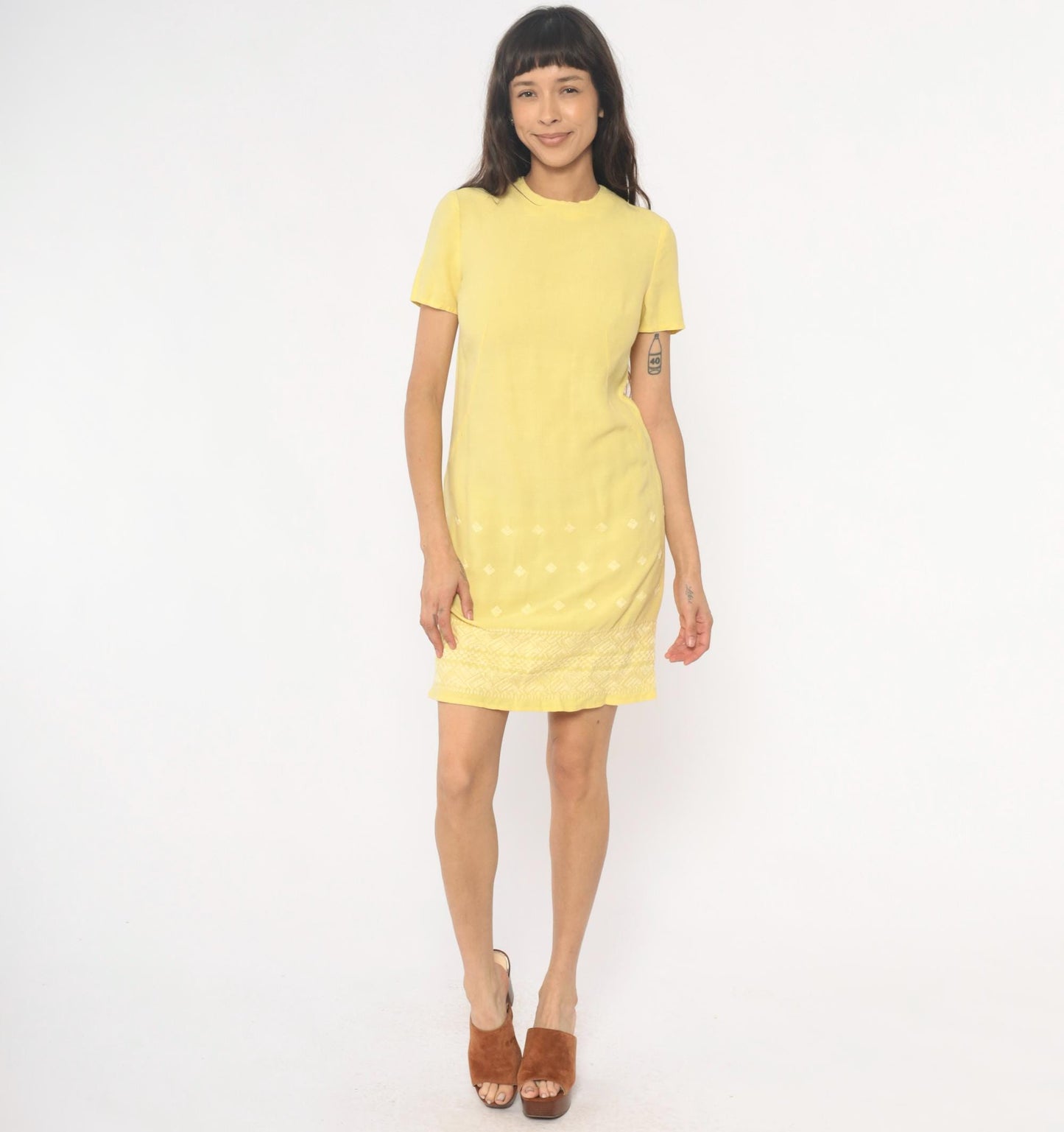60s Yellow Mini Shift Dress Embroidered Geometric Border Short Sleeve Extra Small XS