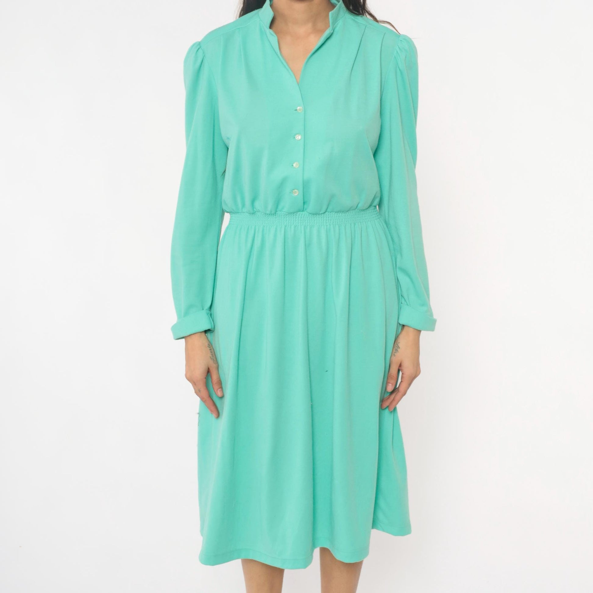 80s Lehigh Mint Green Shirtdress Puff Shoulder Knee-Length Small Medium