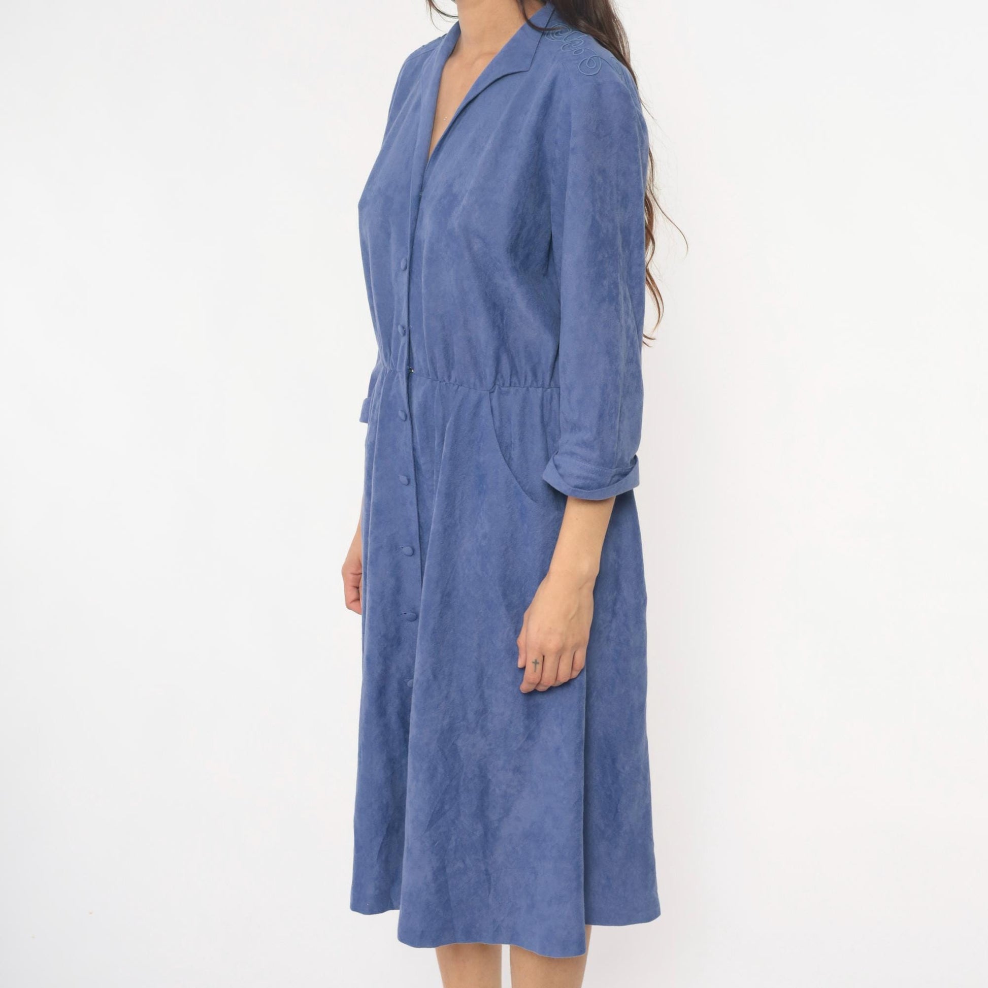 80s Petites by Willi Periwinkle Midi Dress Embroidered Collar Medium