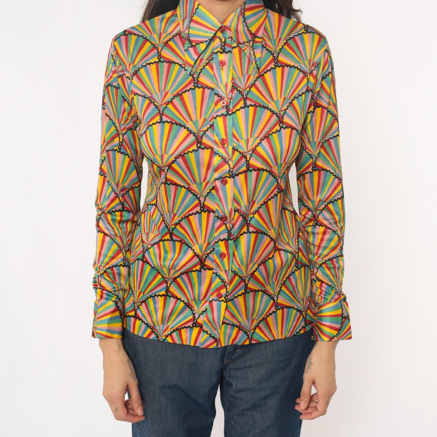 70s Helen Sue Geometric Fan Sunburst Blouse Multicolor Striped Collared Medium