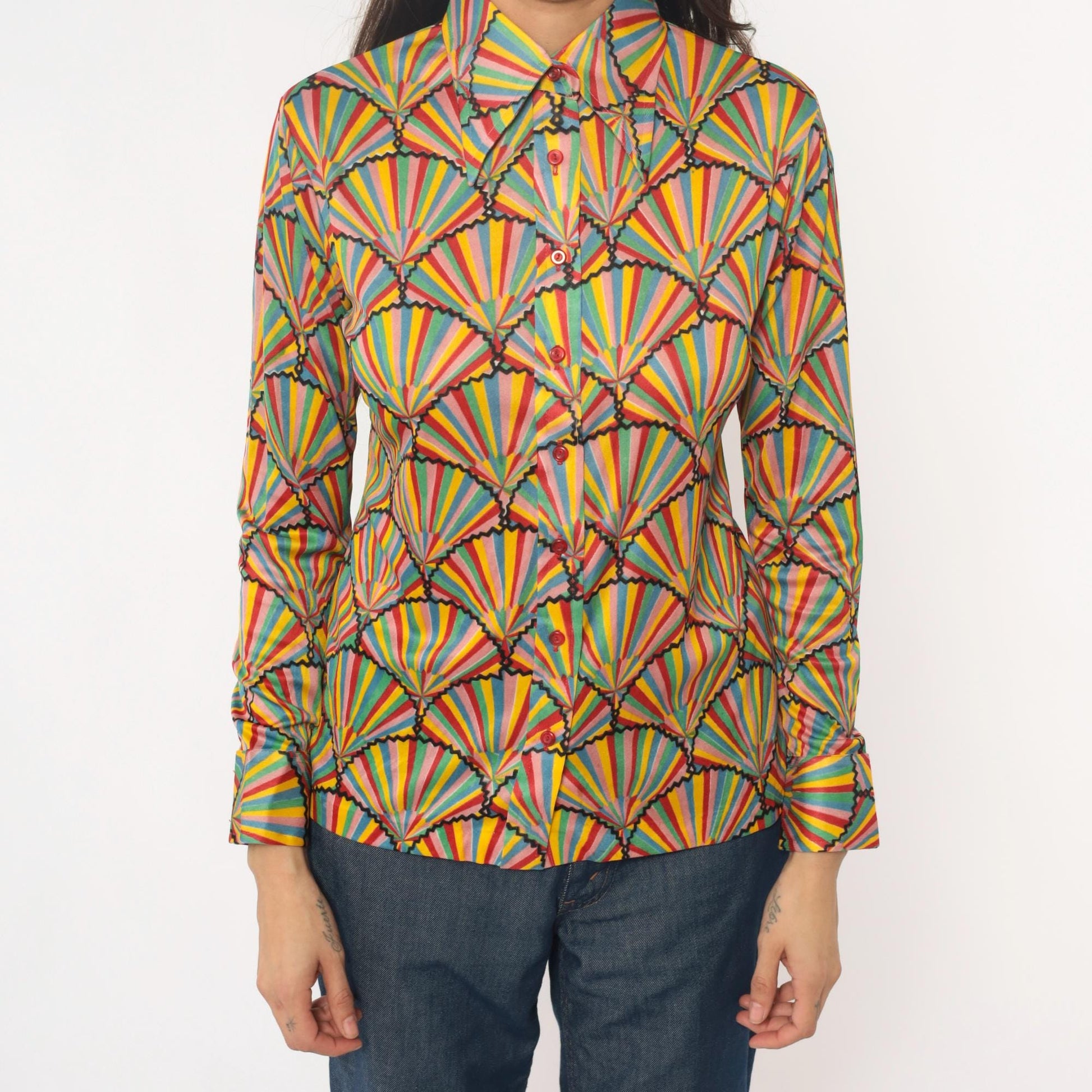 70s Helen Sue Geometric Fan Sunburst Blouse Multicolor Striped Collared Medium