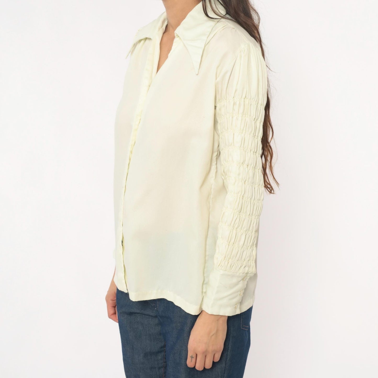 70s Ship n Shore Pale Yellow Button-Up Blouse Smocked Sleeve Collared Large