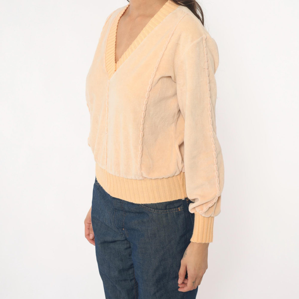 80s Comosport Velour Pullover Cream V-Neck Ribbed Knit Small