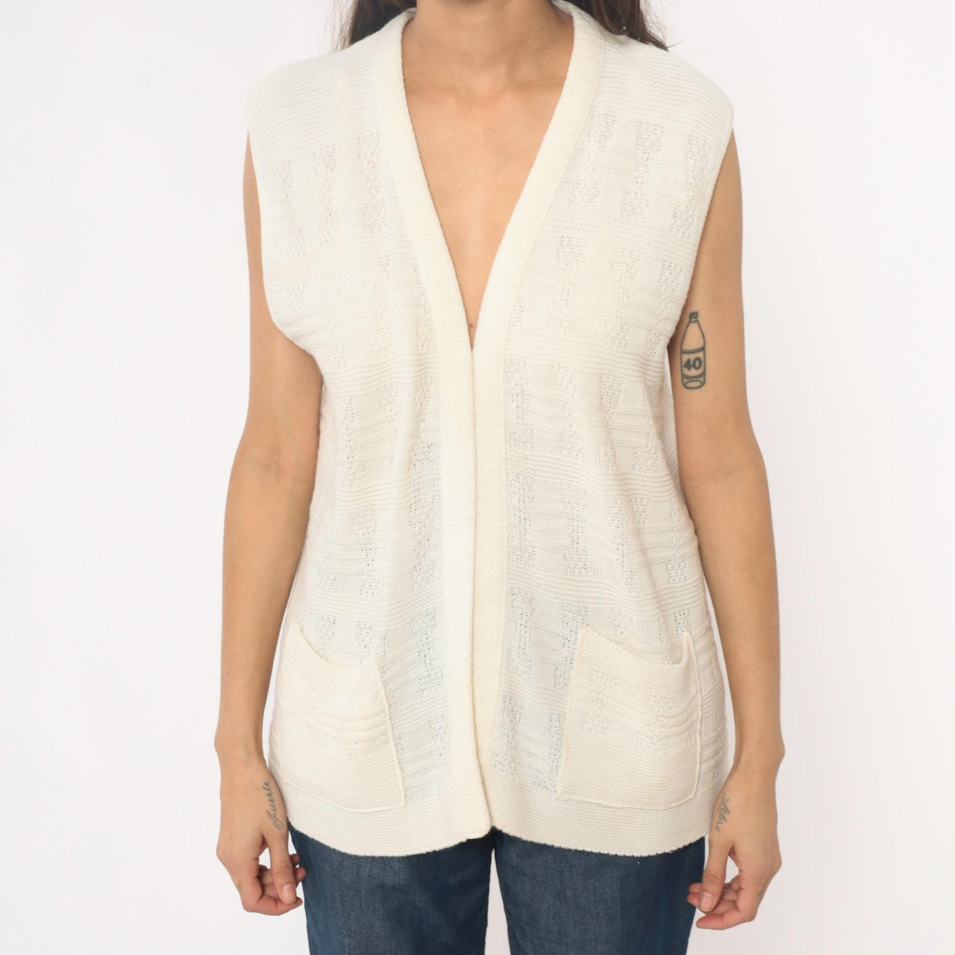 70s Cream Knit Vest Open Front Sleeveless Tank Top Small Medium