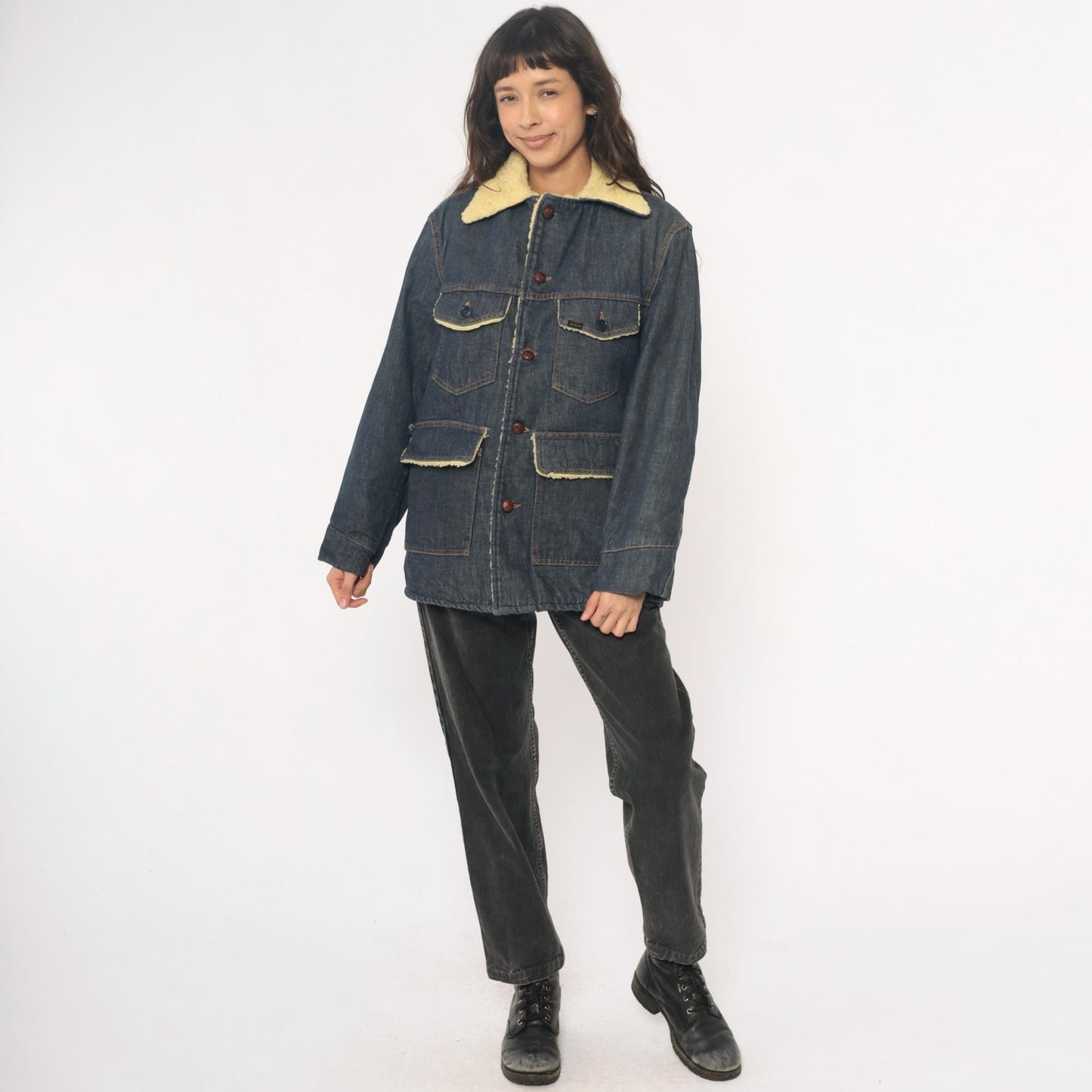 70s Roebucks Denim Jacket Sherpa Lined Dark Indigo Cream Workwear Medium Large