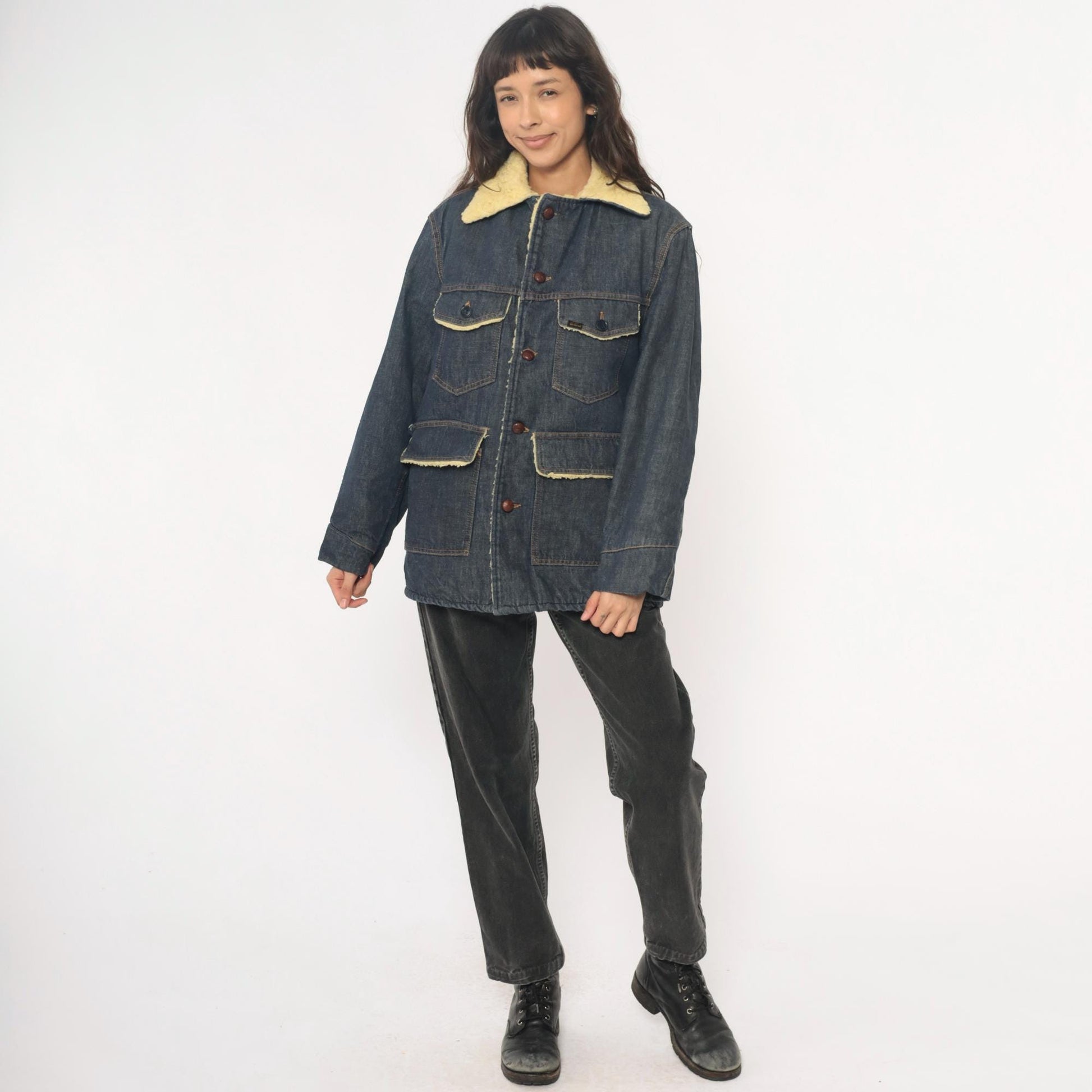 70s Roebucks Denim Jacket Sherpa Lined Dark Indigo Cream Workwear Medium Large