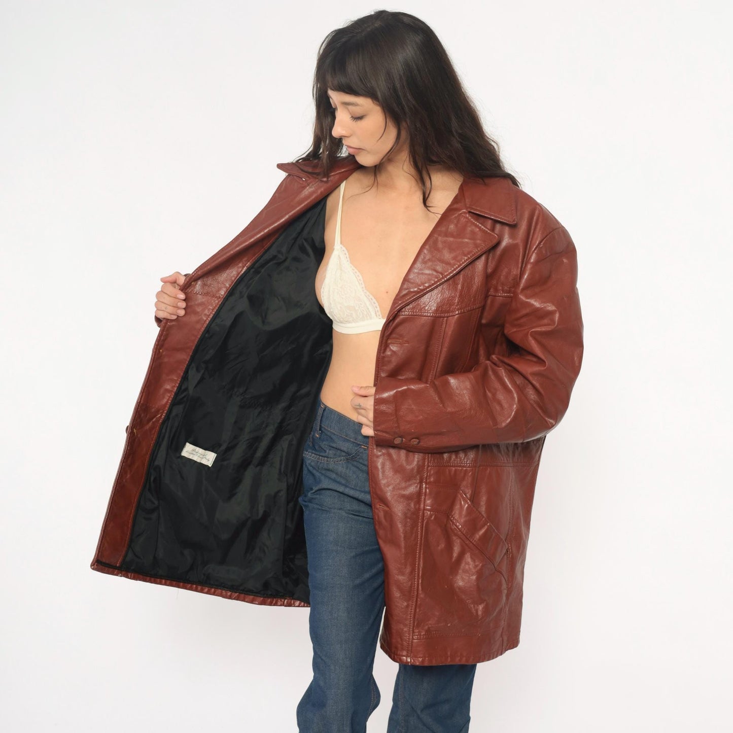 70s Brown Leather Jacket Notched Collar Long Coat Burgundy Lining Extra Large