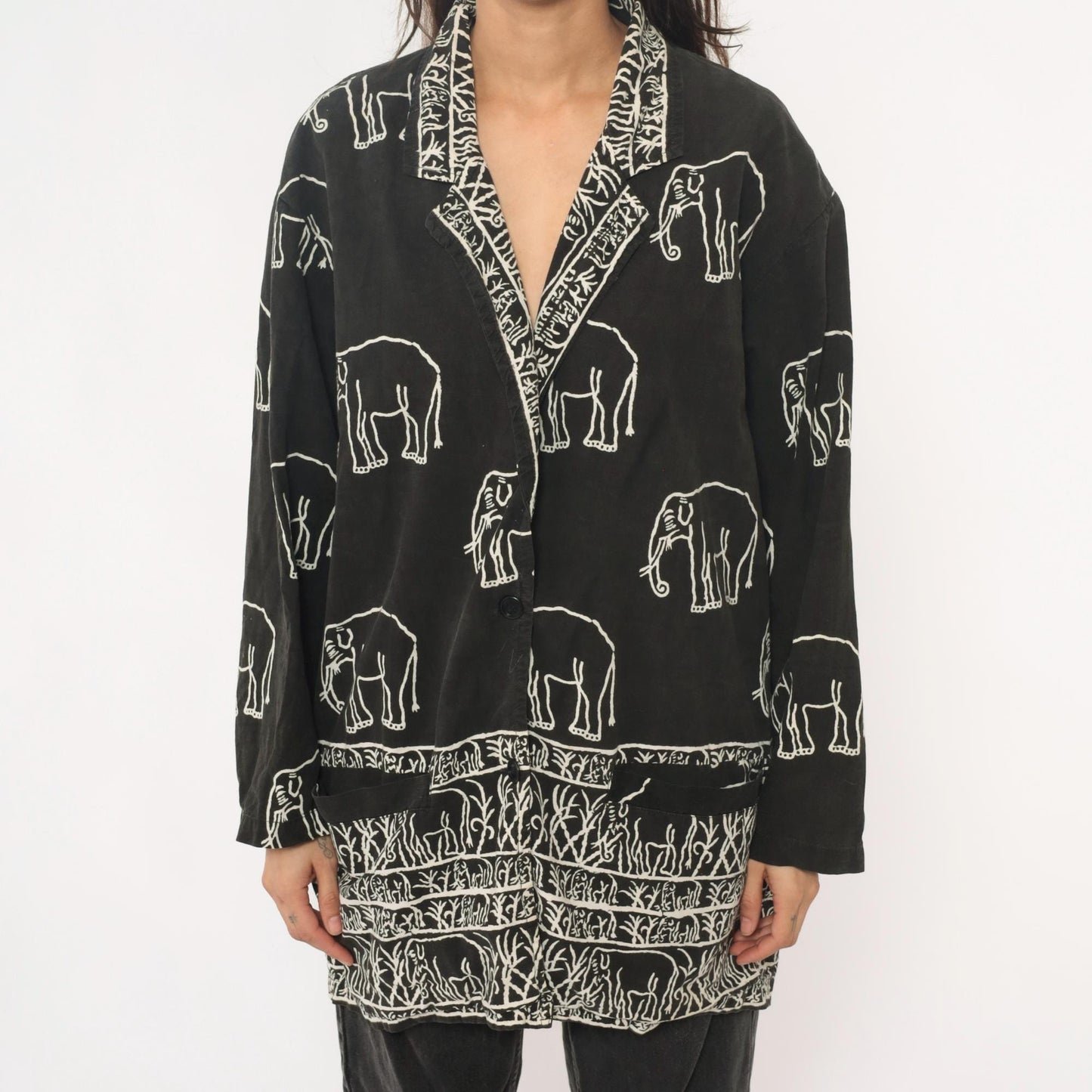 90s Black Cotton Elephant Print Tunic Jacket Collared Medium M