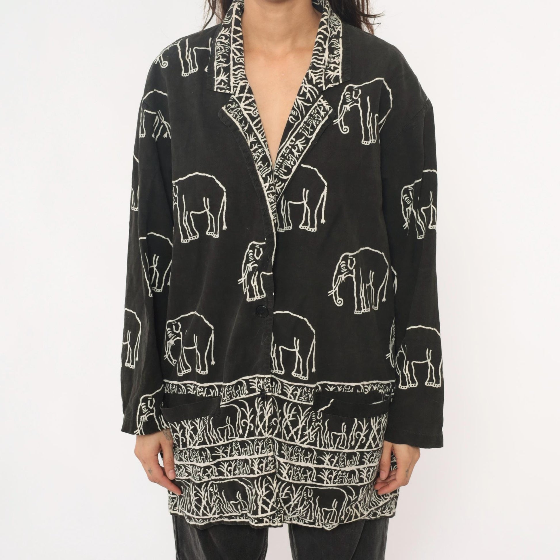 90s Black Cotton Elephant Print Tunic Jacket Collared Medium M
