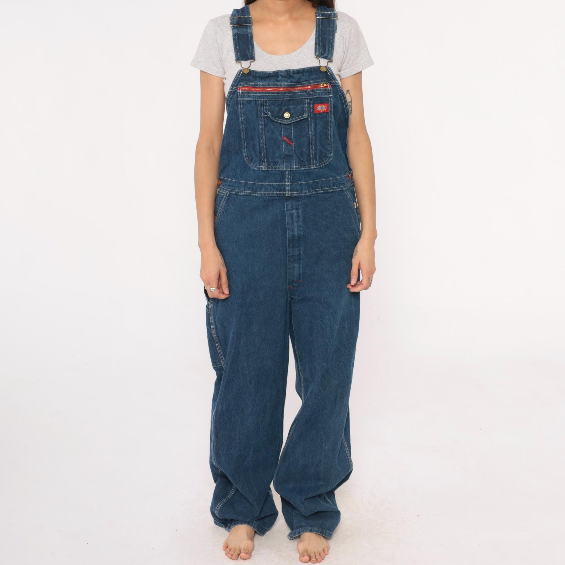 Dickies Y2K Blue Denim Overalls Bib Front Zipper Pocket Large L