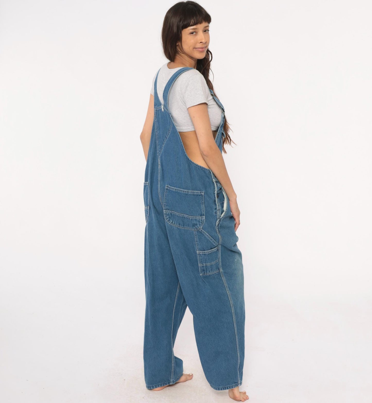 90s Key Denim Overalls Medium Blue Wide Leg Bib Dungarees Utility Pockets