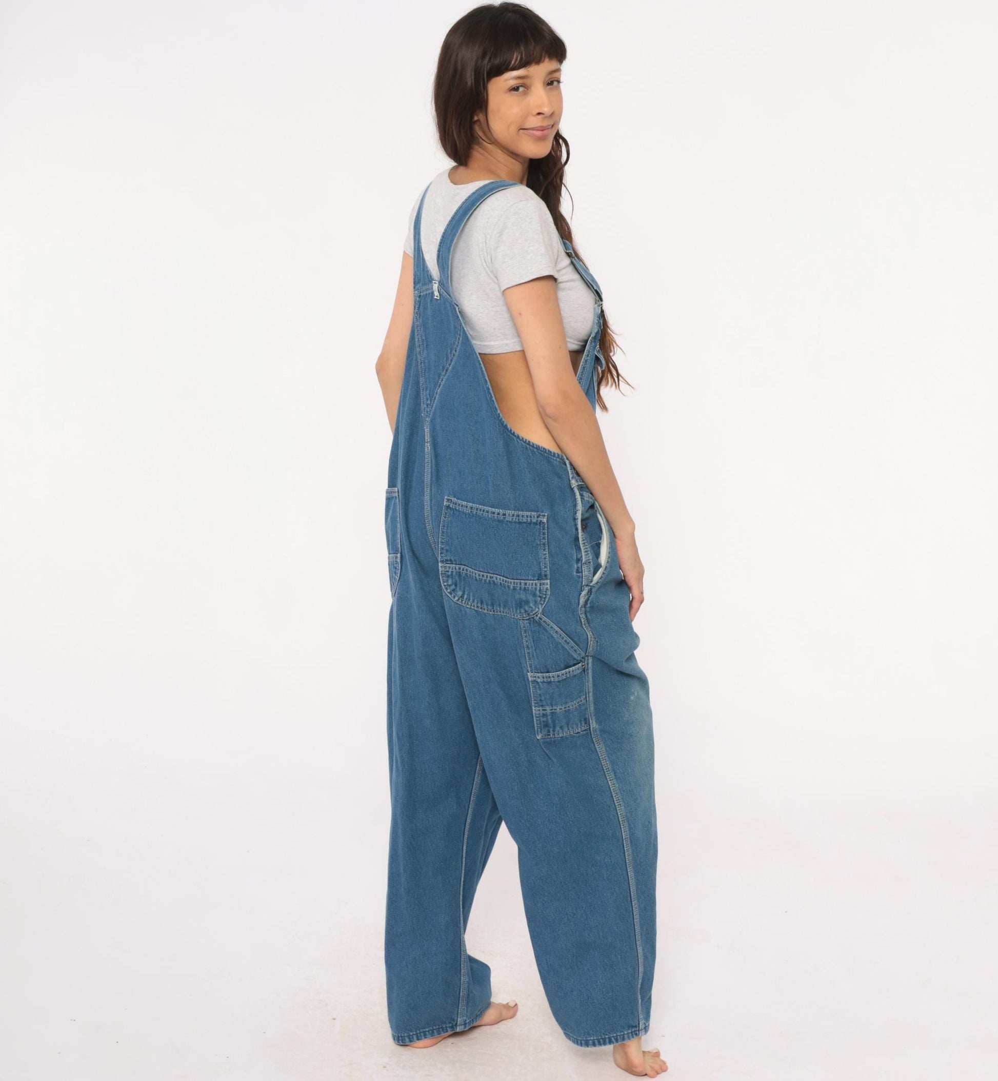 90s Key Denim Overalls Medium Blue Wide Leg Bib Dungarees Utility Pockets