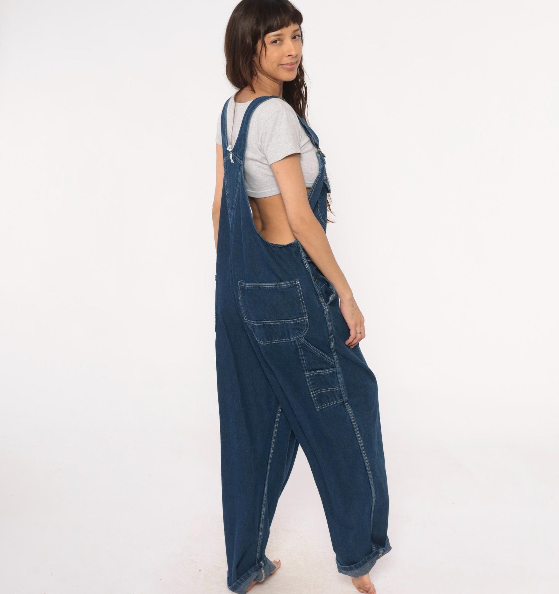 90s Key Imperial Navy Denim Overalls Cargo Pockets Utility Extra Large XL
