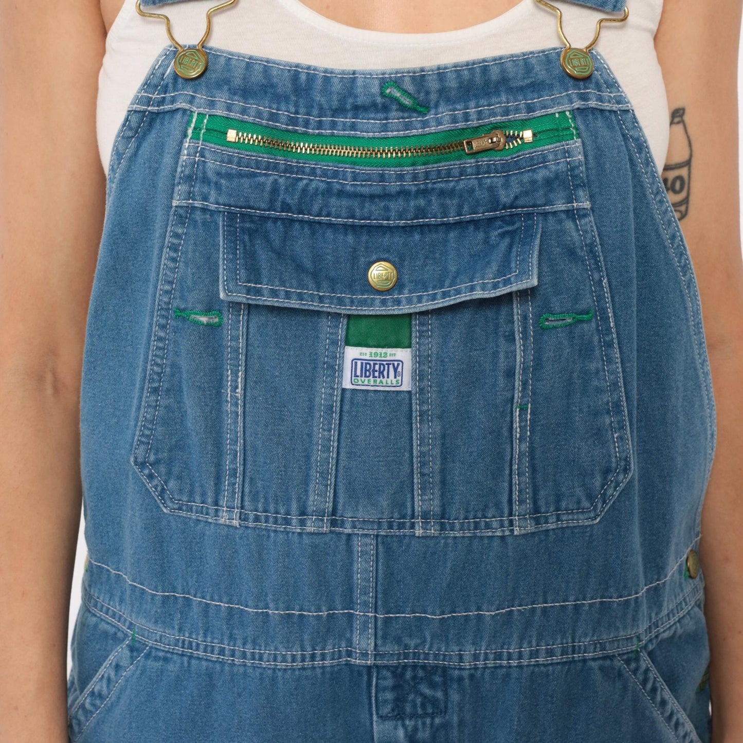 90s Liberty Denim Overalls Blue Green Stitching Unisex Medium