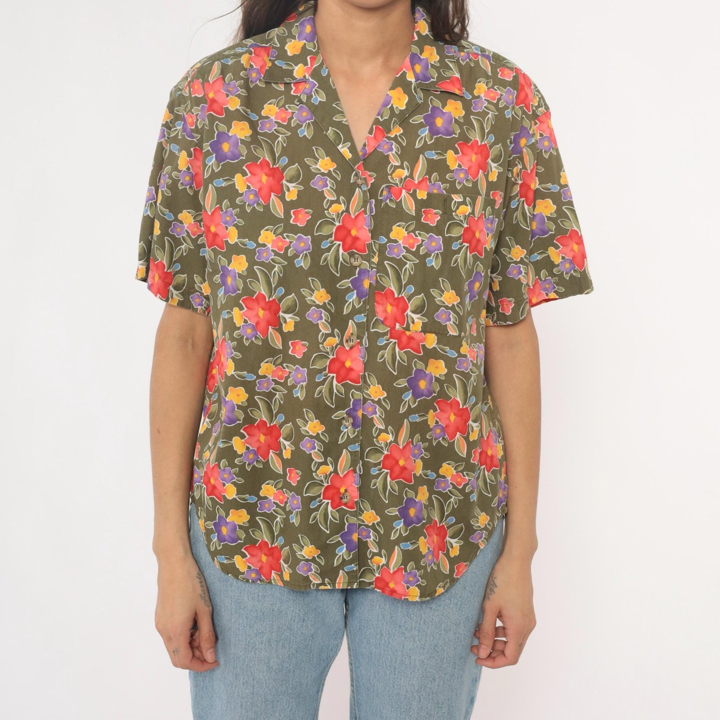 90s Liz Sport Floral Camp Collar Shirt Olive Green Cotton Small S