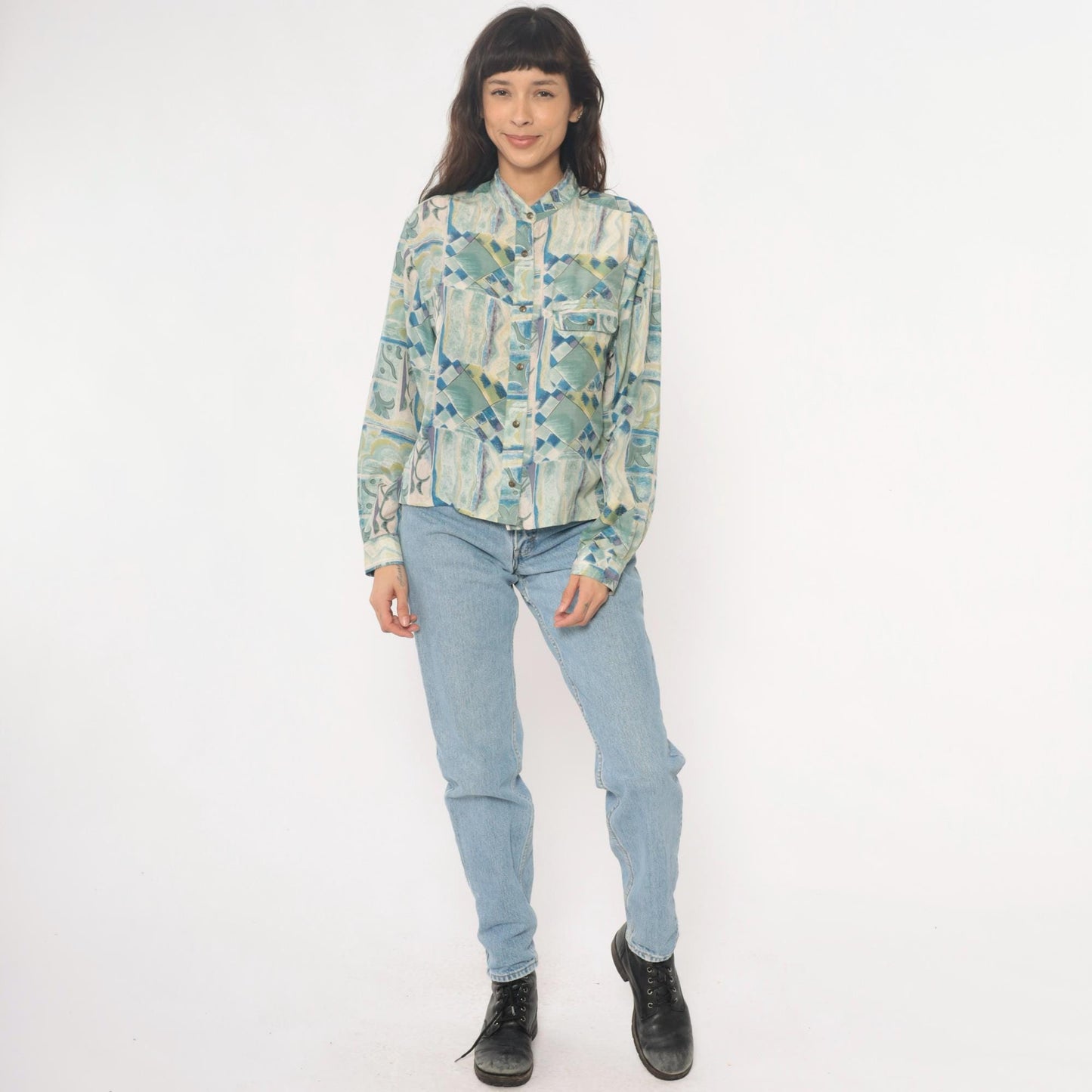 90s Silk Blouse Abstract Geometric Print Blue Green Cream Button Front Medium M