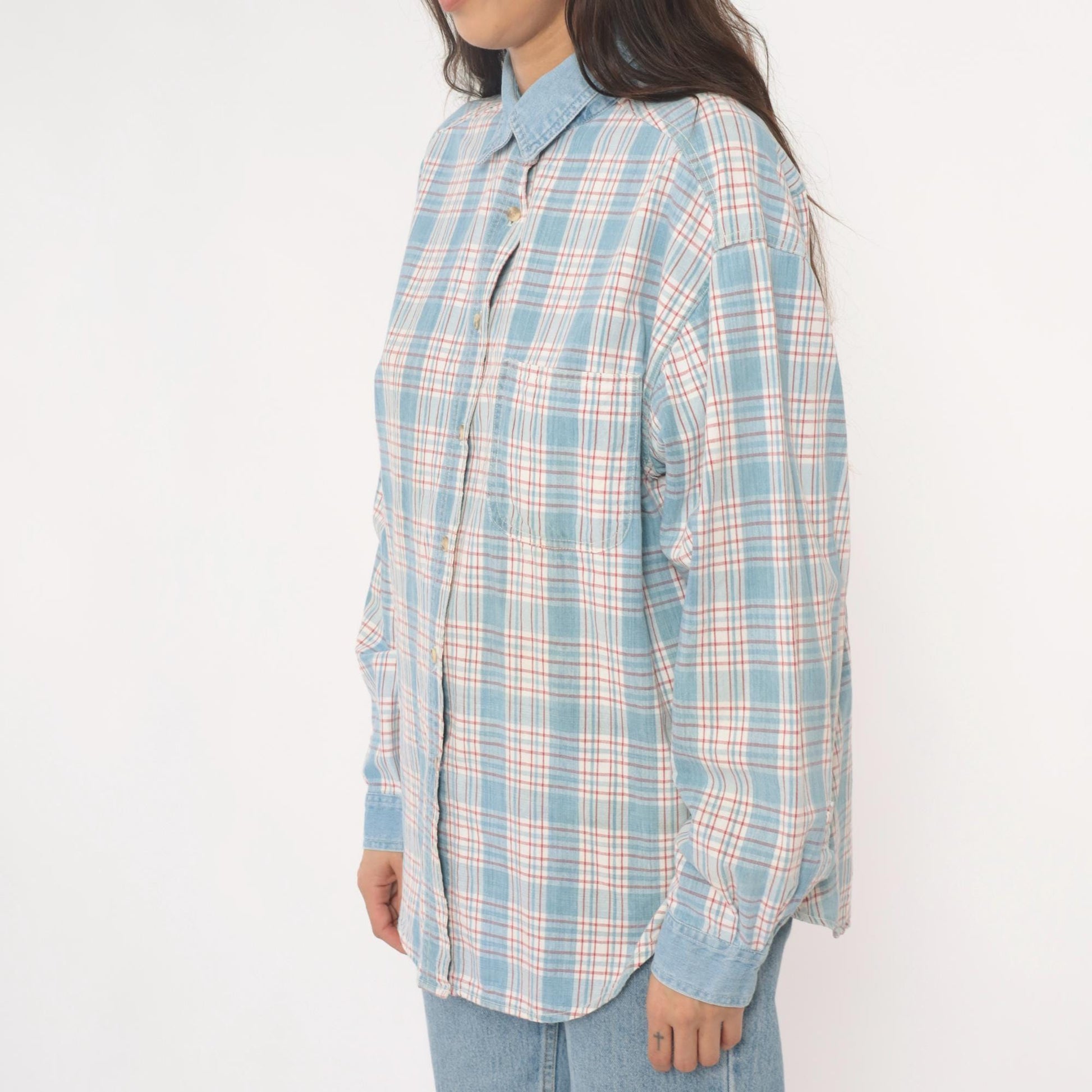 90s Paris Sport Club Plaid Button Down Shirt Denim Collar Cotton Large L