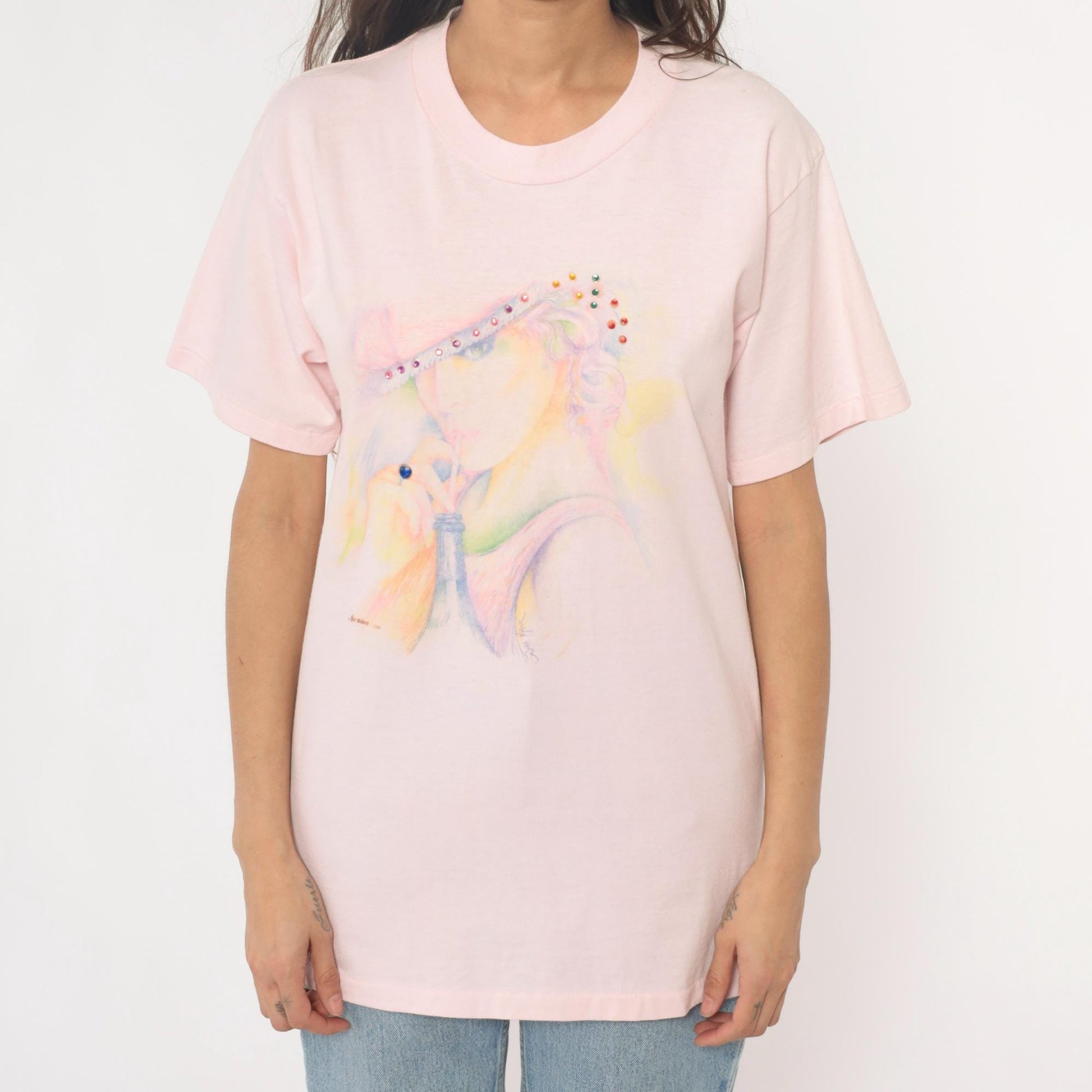 90s Oneita Pink Rhinestone Hat Lady Graphic Tee Large L