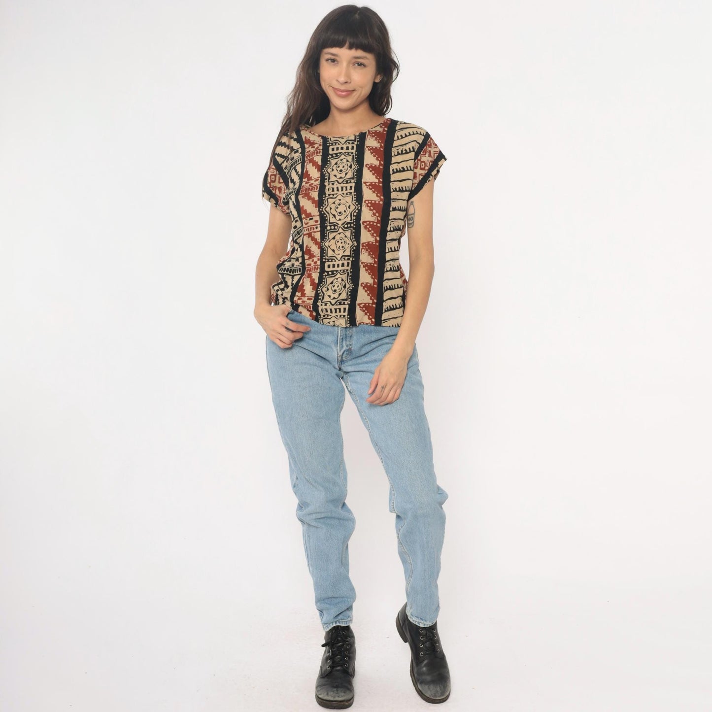 90s Lia G Petites Tribal Geometric Striped Blouse Beige Black Rust Medium