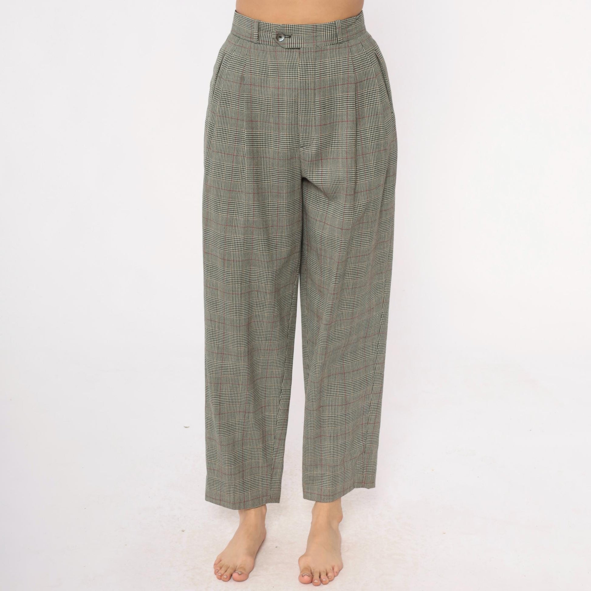 80s Barry Bricken Wool Plaid High-Waisted Trousers Grey Small S
