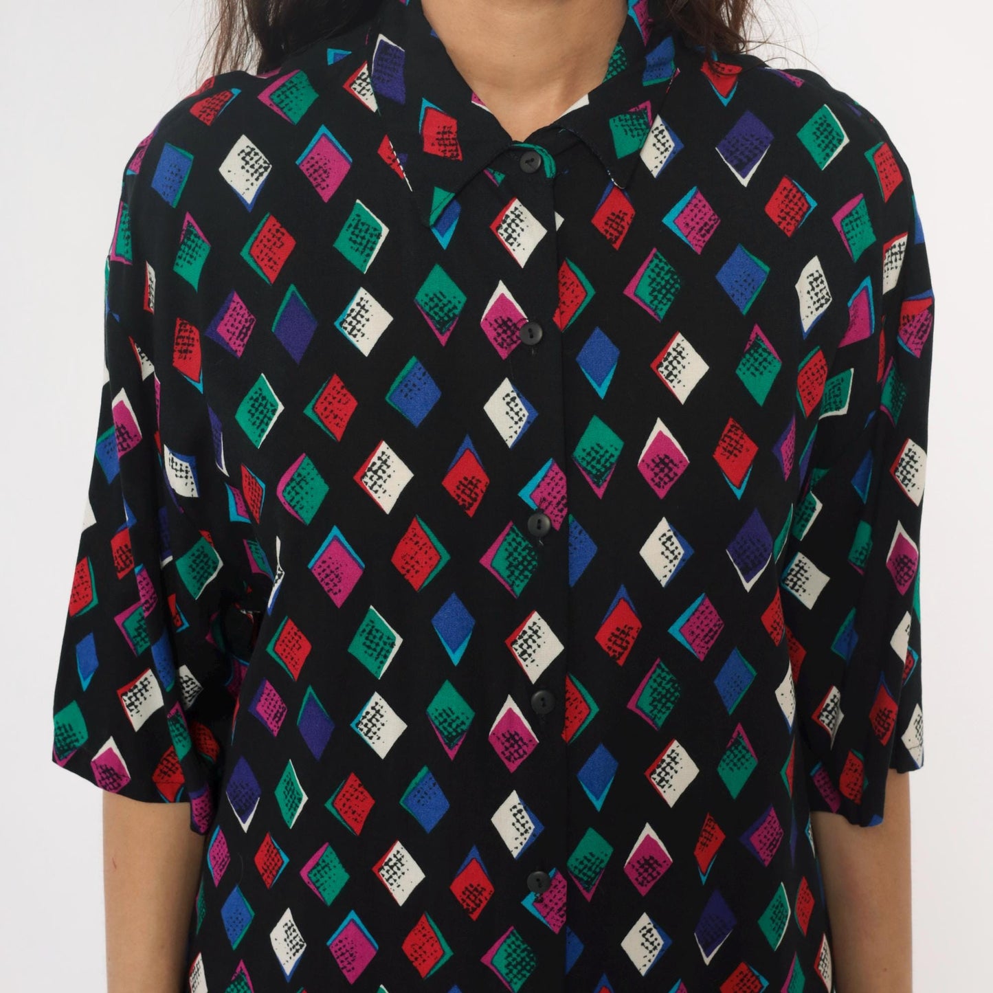 90s Black Harlequin Diamond Rayon Shirt Multicolor Button-Front Medium