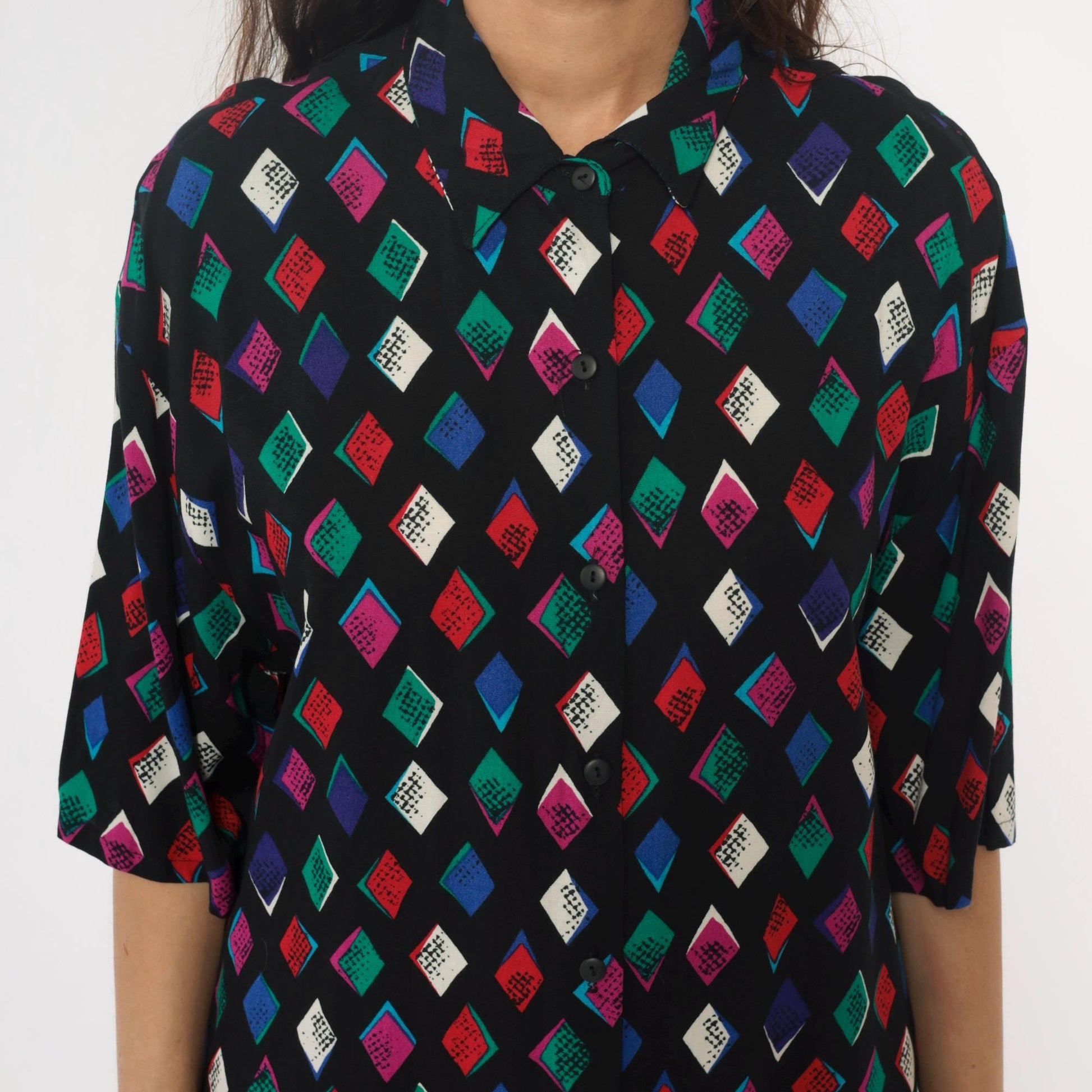 90s Black Harlequin Diamond Rayon Shirt Multicolor Button-Front Medium