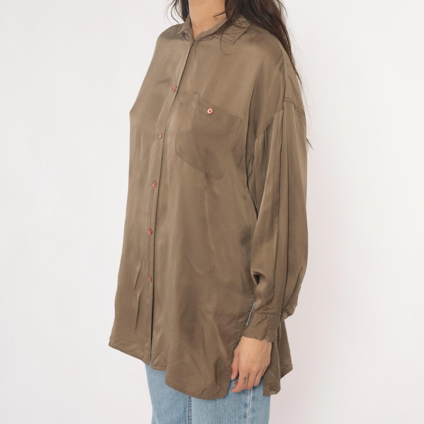 90s La Vogue Silk Button-Up Blouse Olive Chest Pocket Medium M