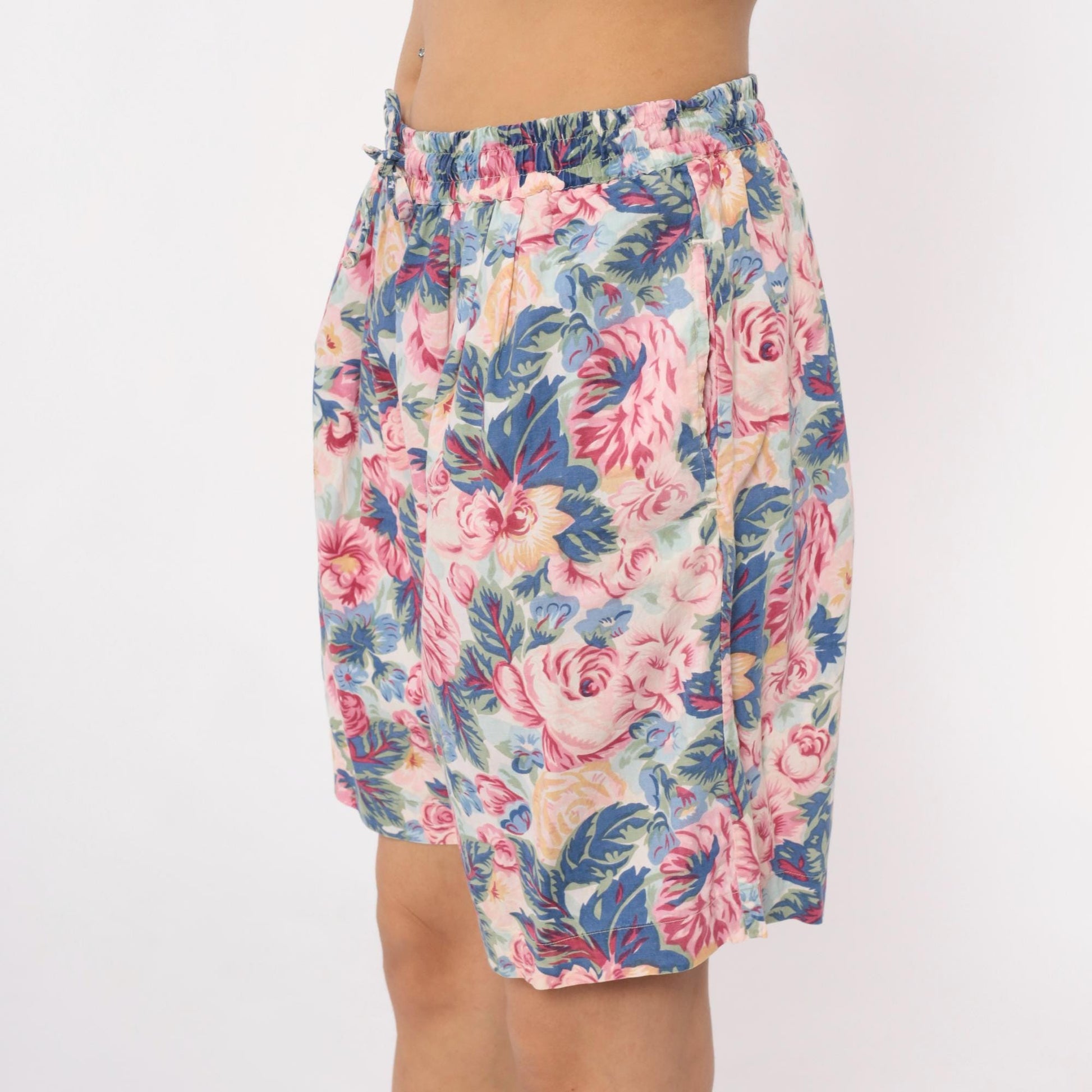 90s Kikimi Sketches Floral Shorts High Waist Wide Leg Cream Cotton Medium M