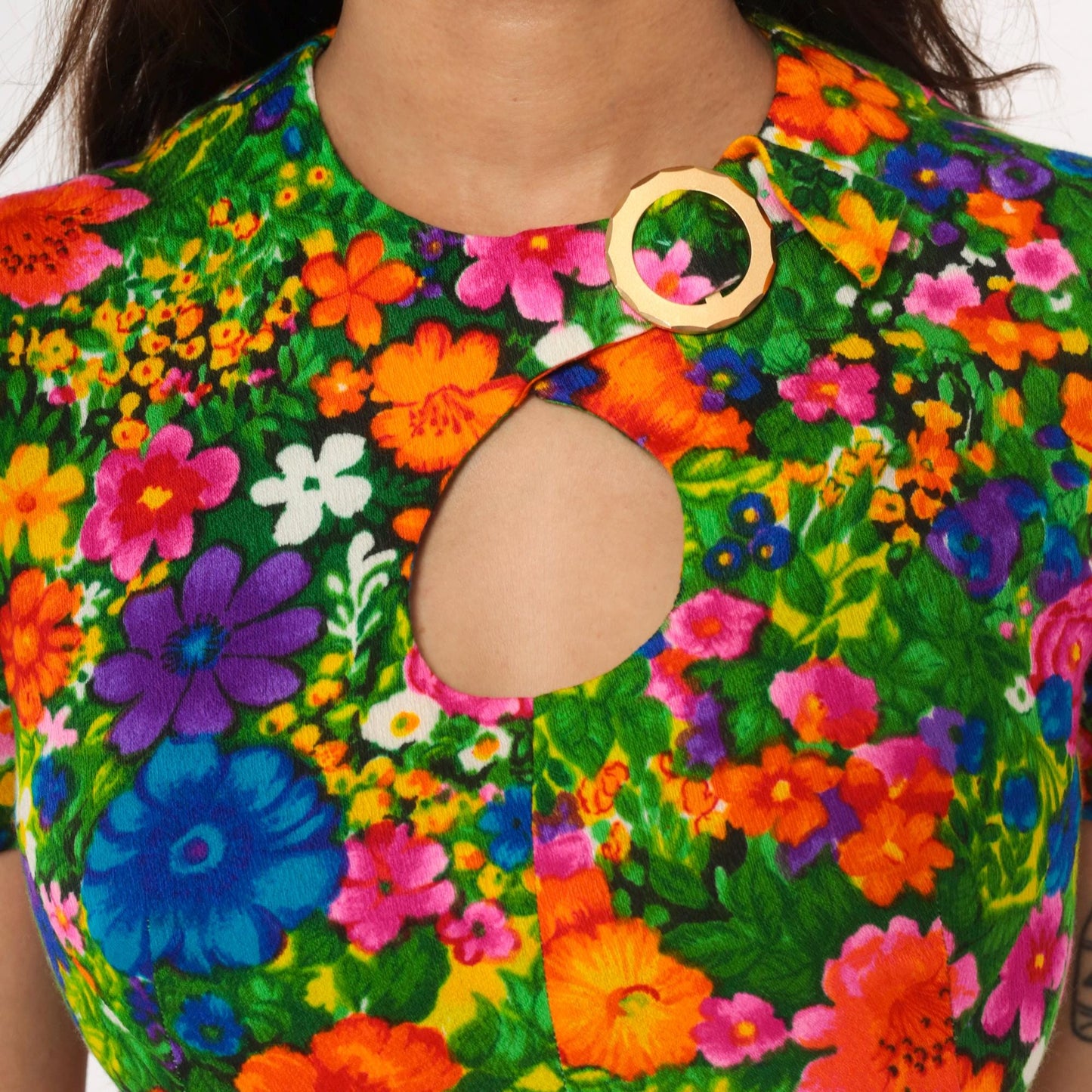 70s Floral Maxi Dress Keyhole Neckline Short Sleeve Cotton Rainbow Small